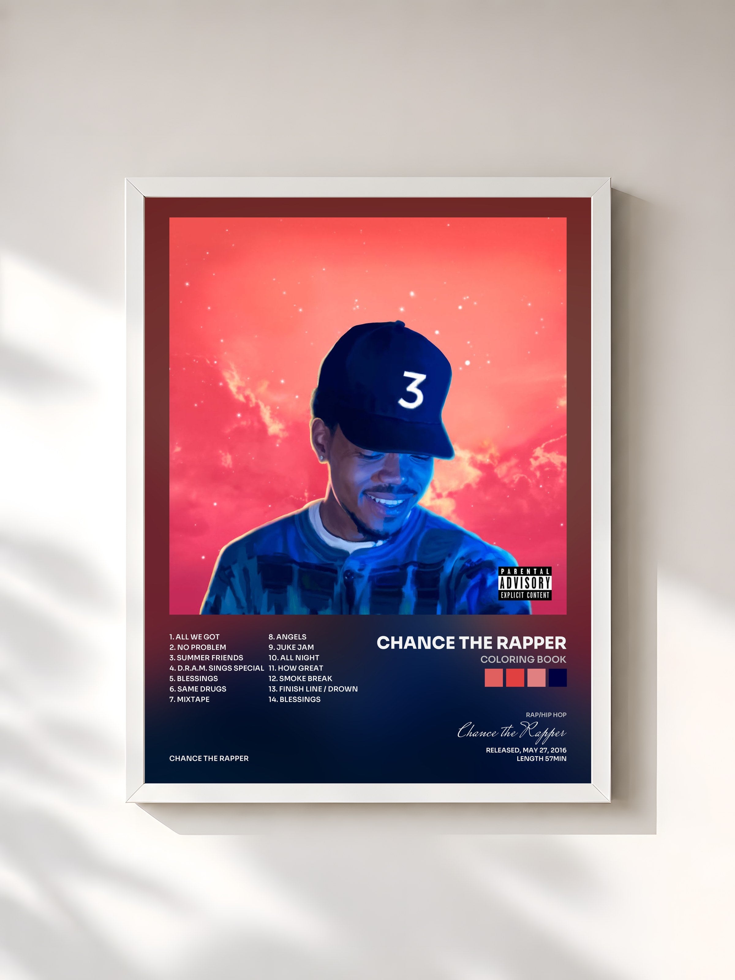 #blanc Tableau de l'album Coloring Book de Chance the Rapper, cadre blanc, imprimé et encadré en France