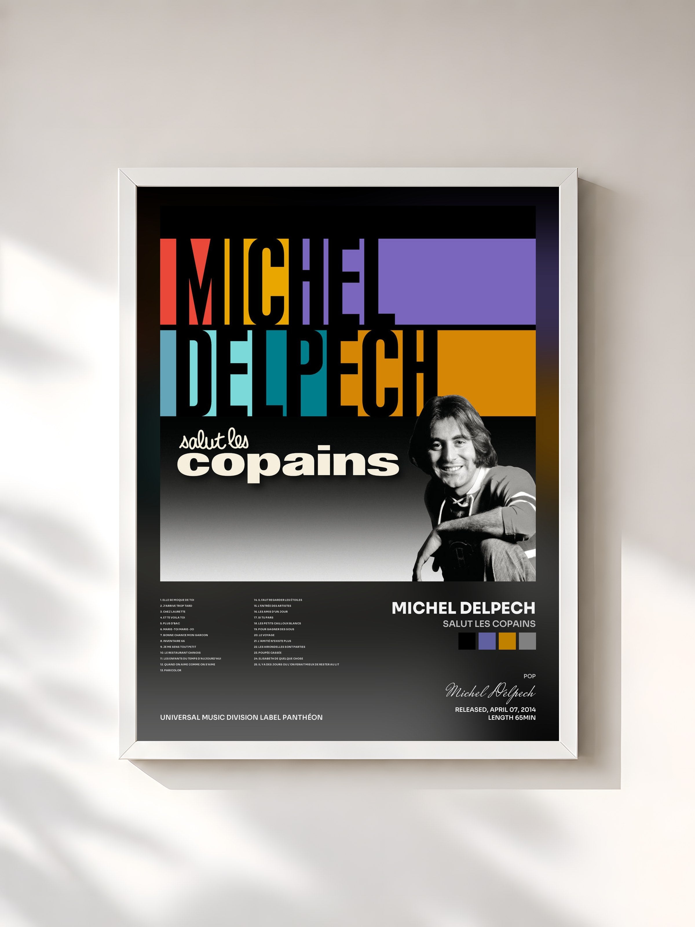 #blanc Tableau de l'album Salut les copains de Michel Delpech, cadre blanc, imprimé et encadré en France