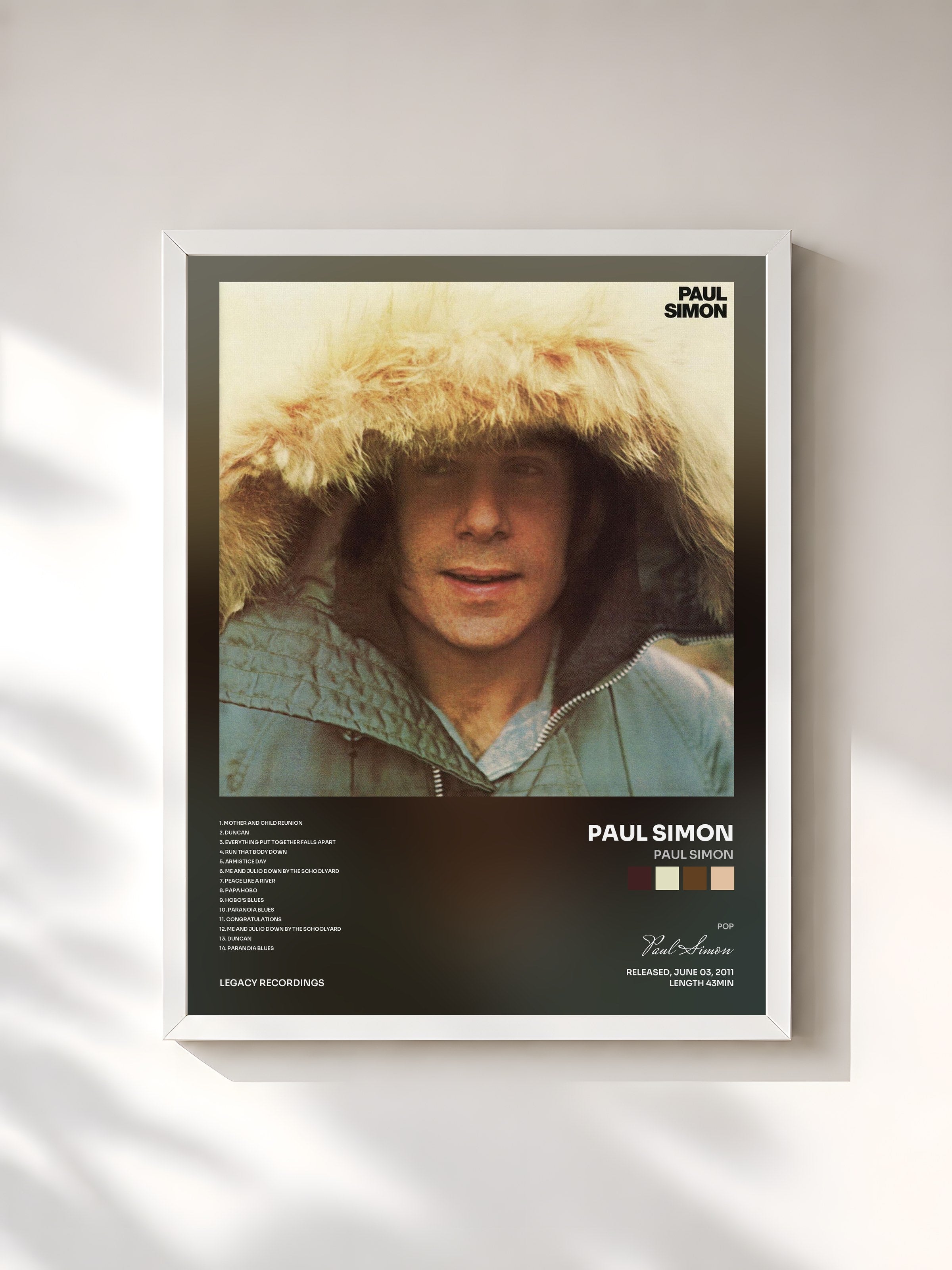 #blanc Tableau de l'album Paul Simon de Paul Simon, cadre blanc, imprimé et encadré en France