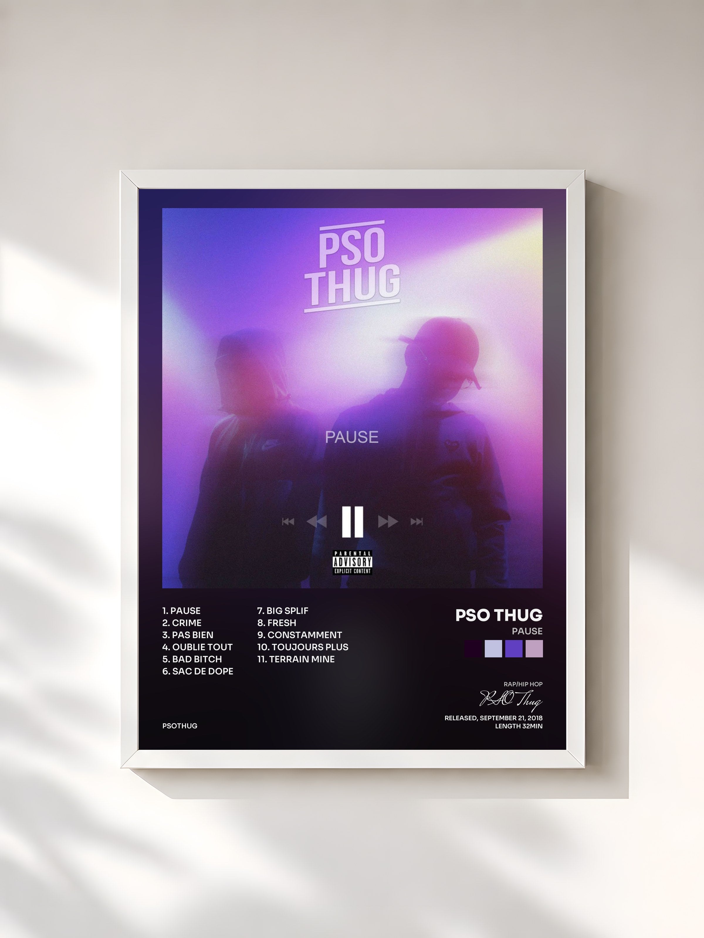 #blanc Tableau de l'album Pause de PSO Thug, cadre blanc, imprimé et encadré en France