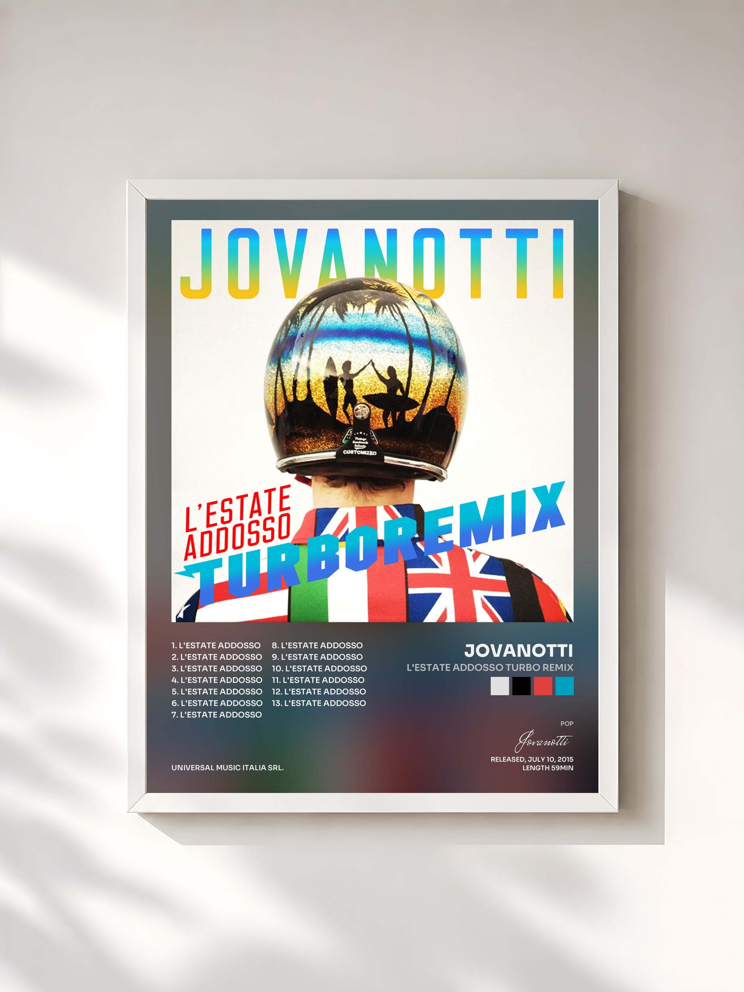 #blanc Tableau de l'album L'Estate Addosso Turbo Remix de Jovanotti, cadre blanc, imprimé et encadré en France