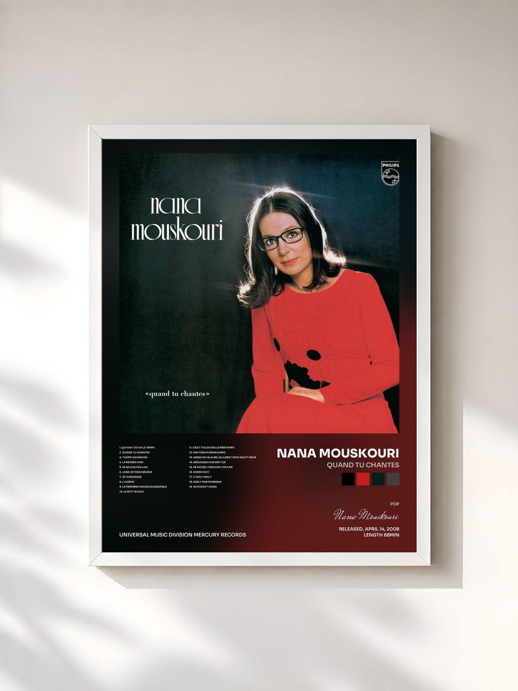 #blanc Tableau de l'album Quand Tu Chantes de Nana Mouskouri, cadre blanc, imprimé et encadré en France