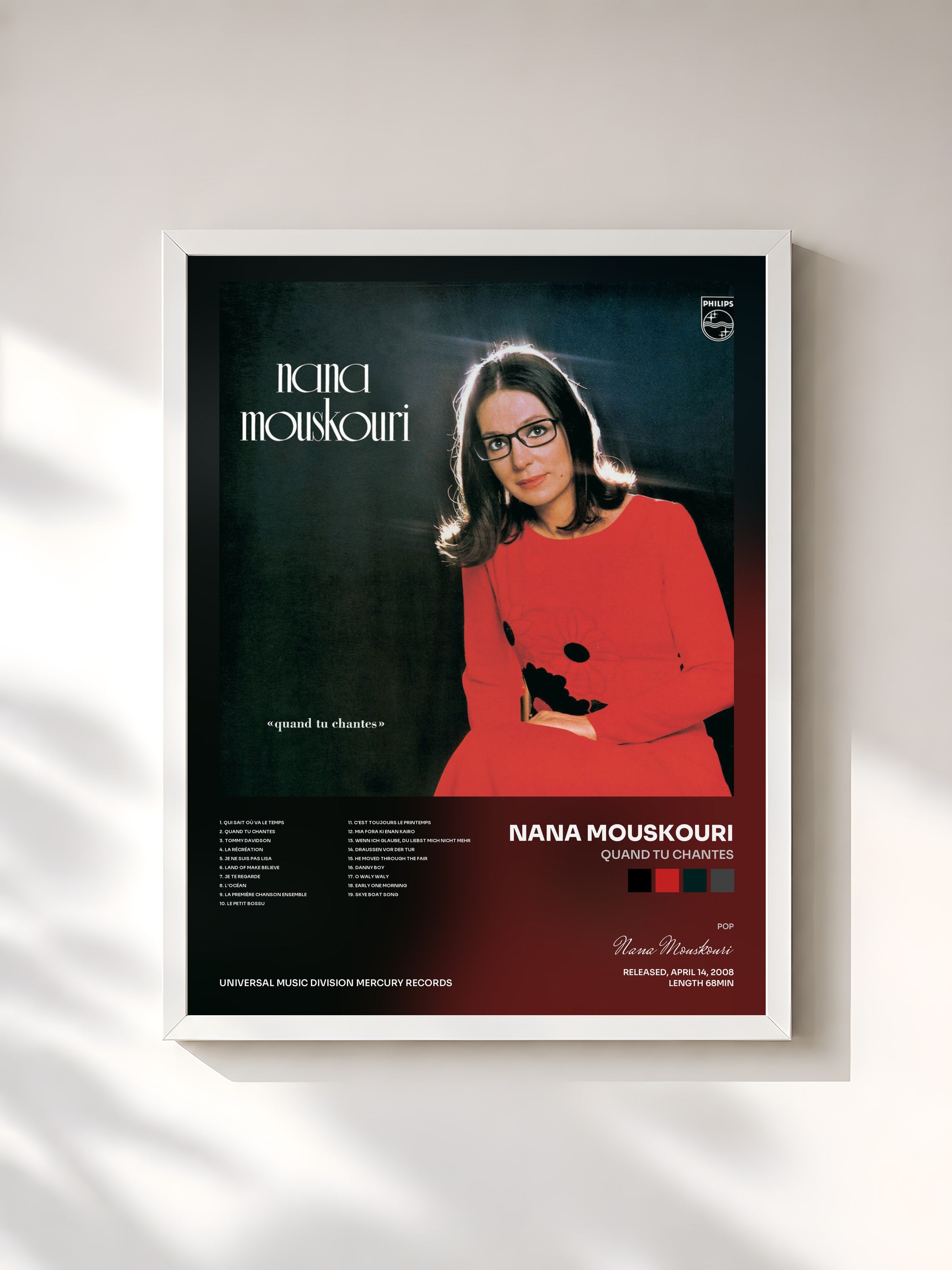 #blanc Tableau de l'album Quand Tu Chantes de Nana Mouskouri, cadre blanc, imprimé et encadré en France