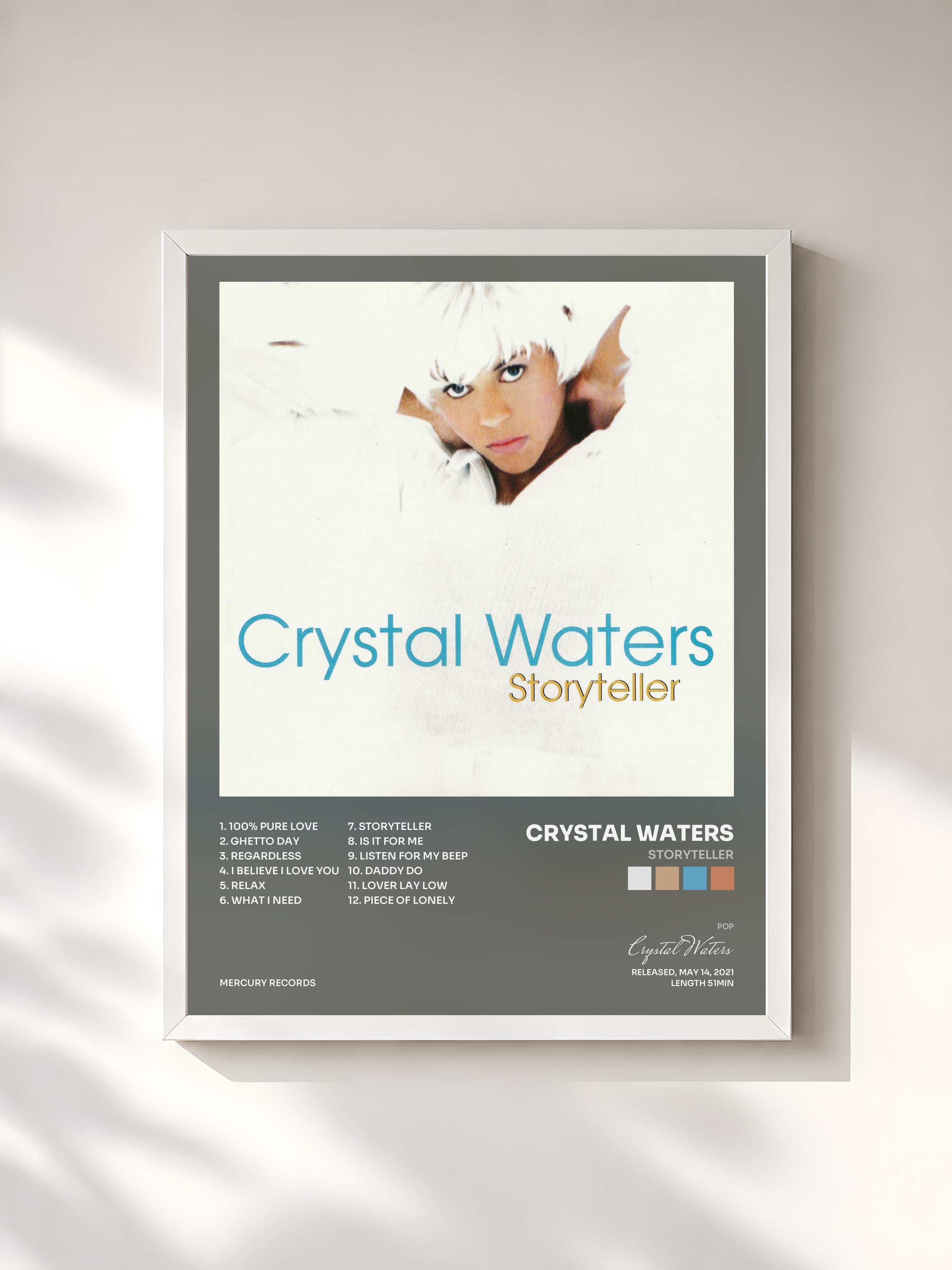 #blanc Tableau de l'album Storyteller de Crystal Waters, cadre blanc, imprimé et encadré en France
