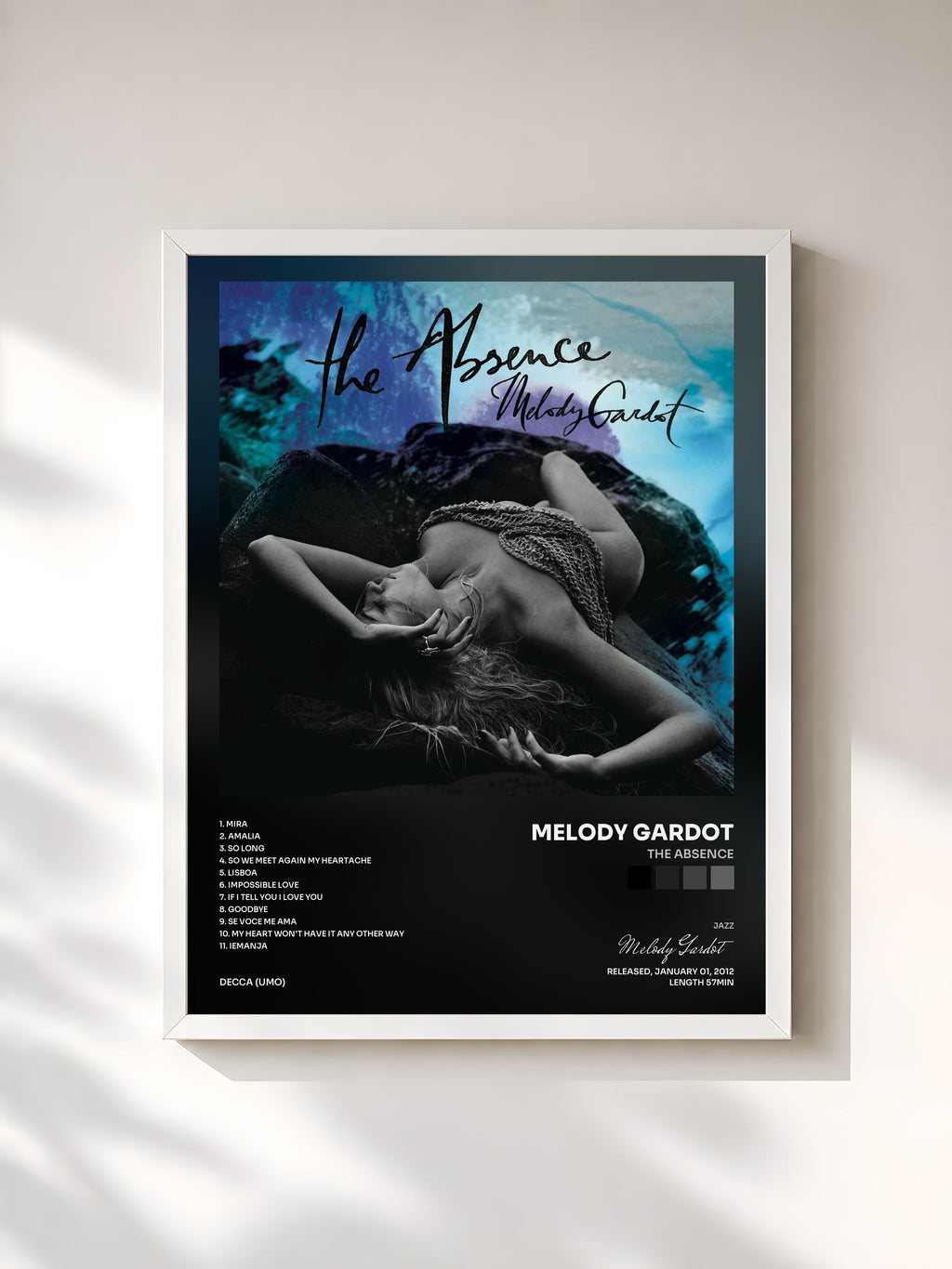 #blanc Tableau de l'album The Absence de Melody Gardot, cadre blanc, imprimé et encadré en France