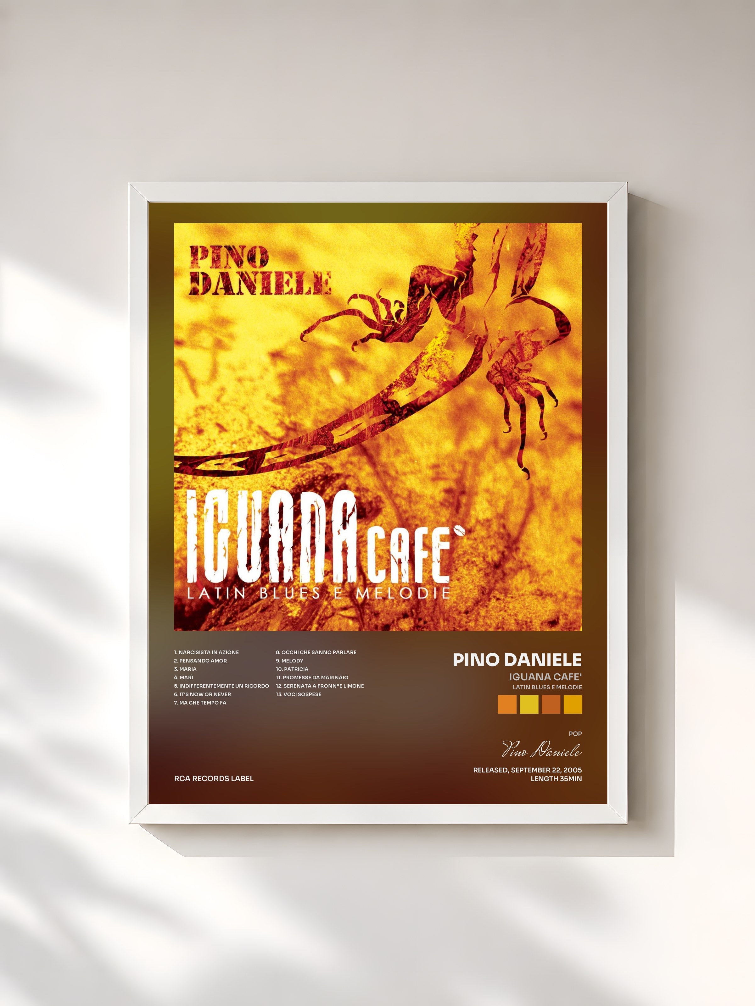 #blanc Tableau de l'album Iguana Cafe' (Latin Blues E Melodie) de Pino Daniele, cadre blanc, imprimé et encadré en France