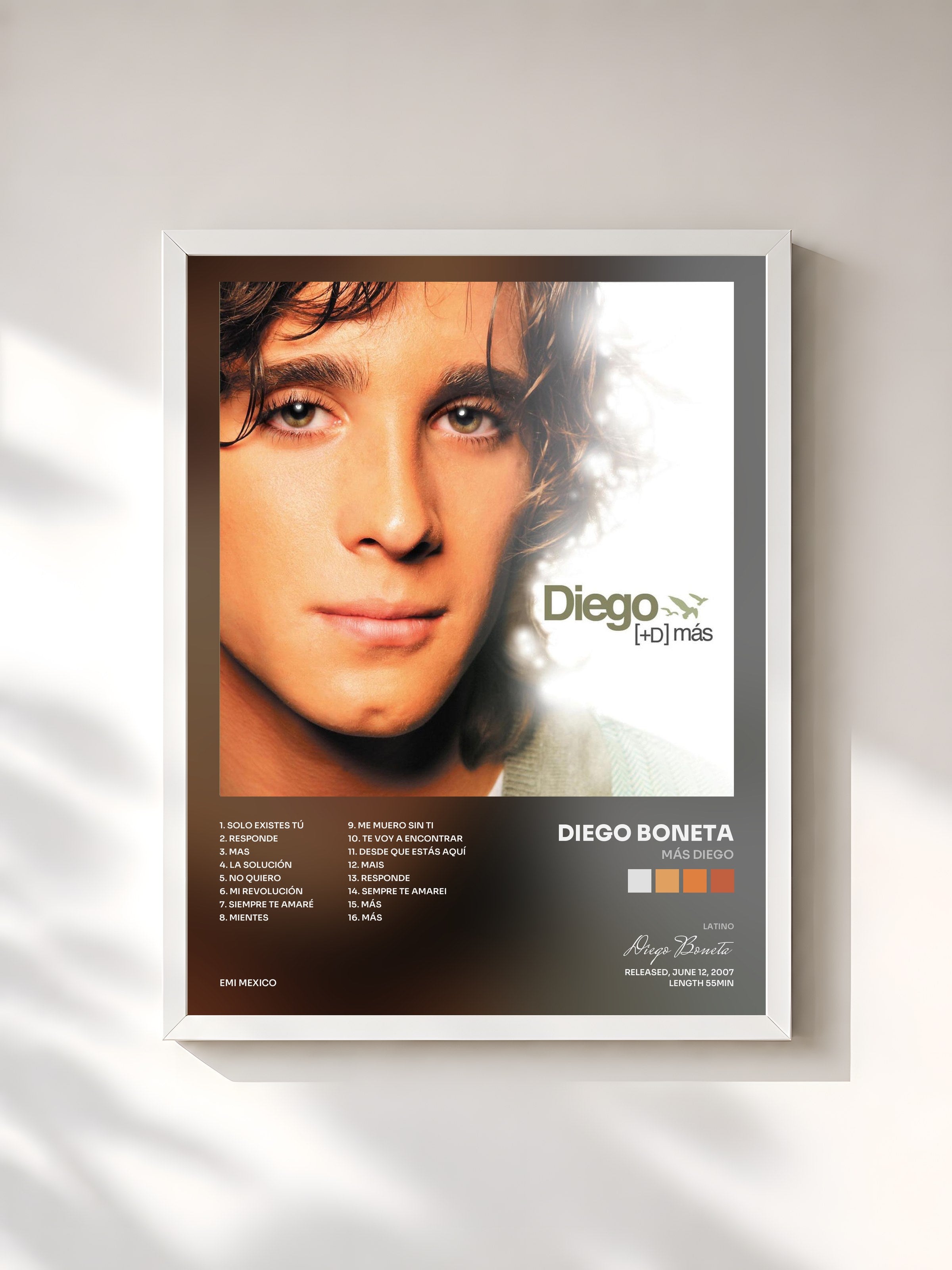 #blanc Tableau de l'album Más Diego de Diego Boneta, cadre blanc, imprimé et encadré en France