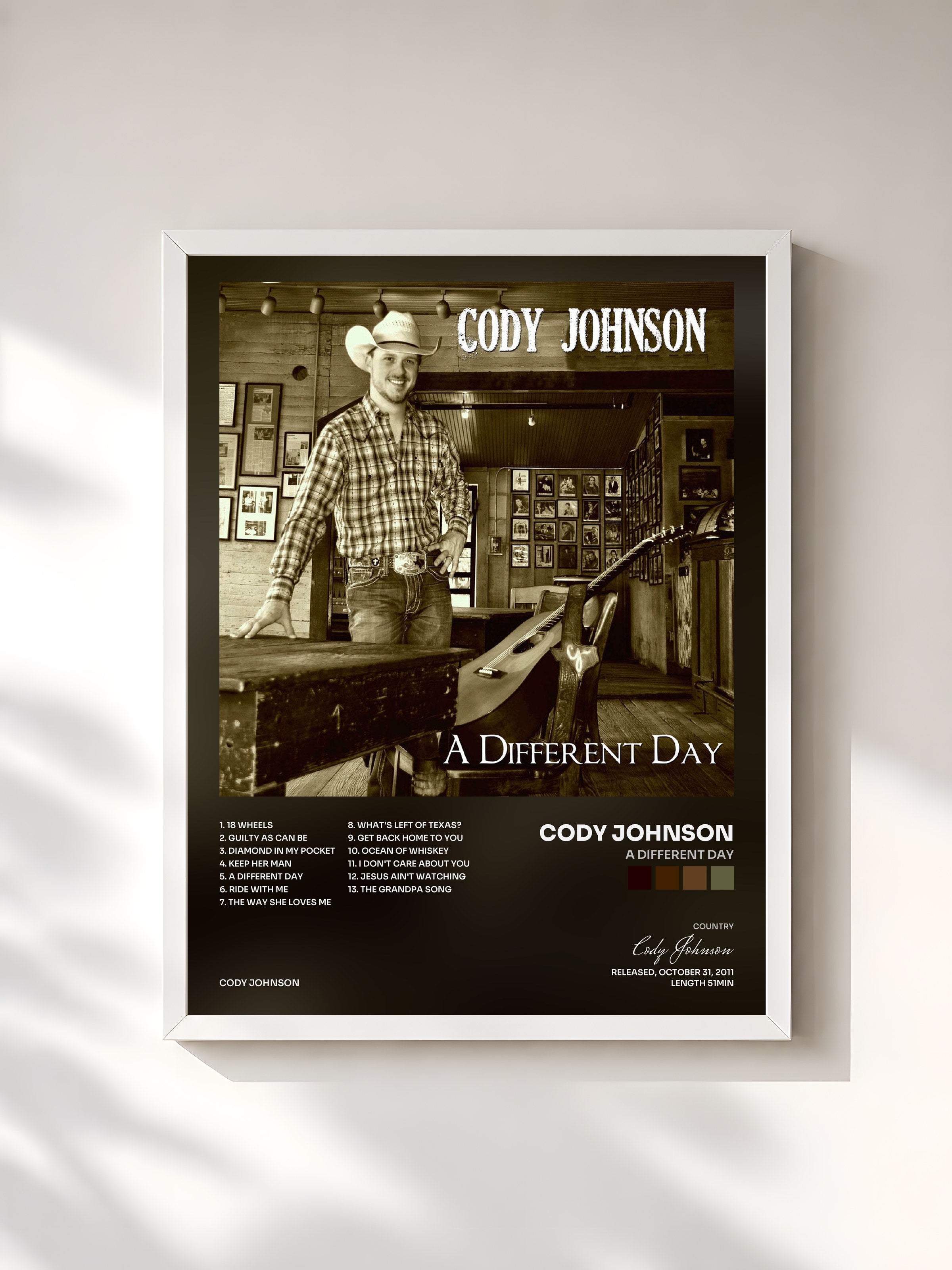 #blanc Tableau de l'album A Different Day de Cody Johnson, cadre blanc, imprimé et encadré en France