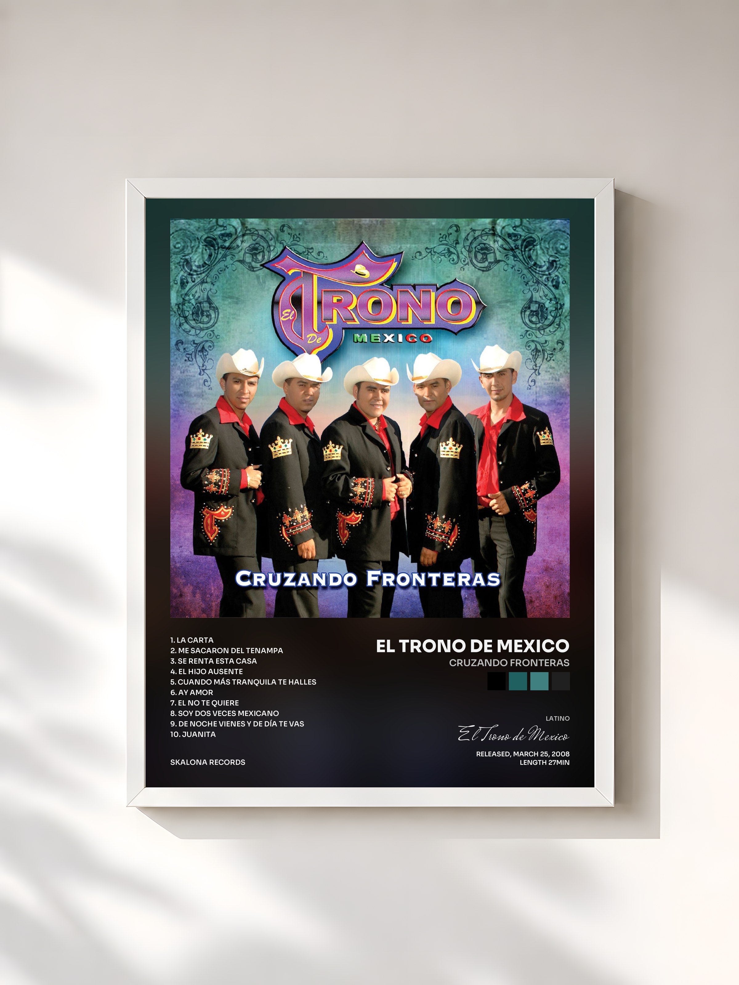 #blanc Tableau de l'album Cruzando Fronteras de El Trono de Mexico, cadre blanc, imprimé et encadré en France