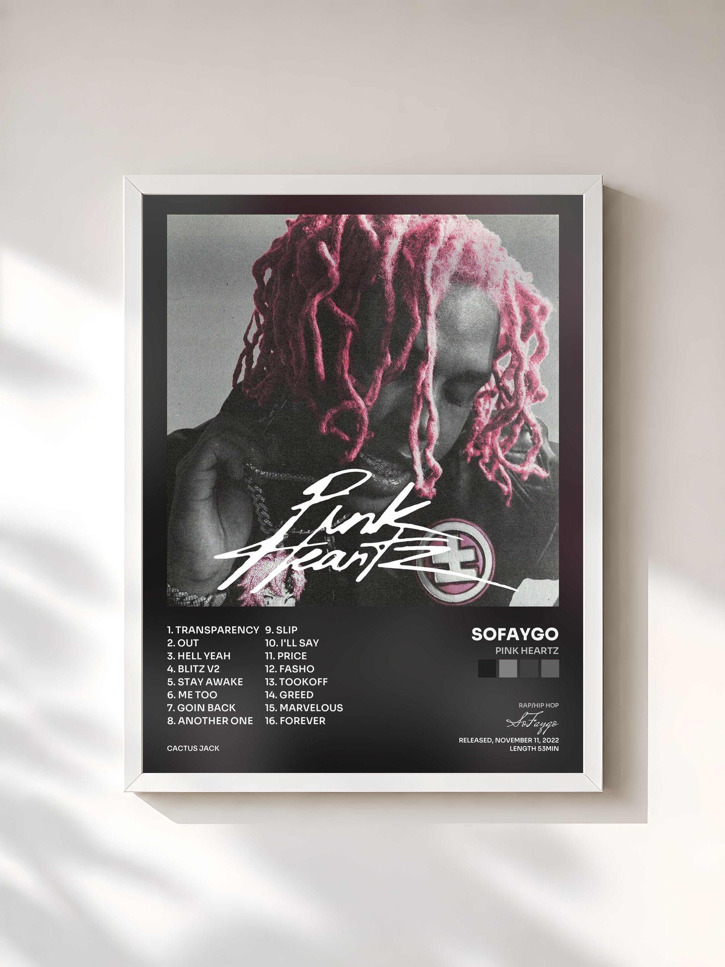 #blanc Tableau de l'album Pink Heartz de SoFaygo, cadre blanc, imprimé et encadré en France