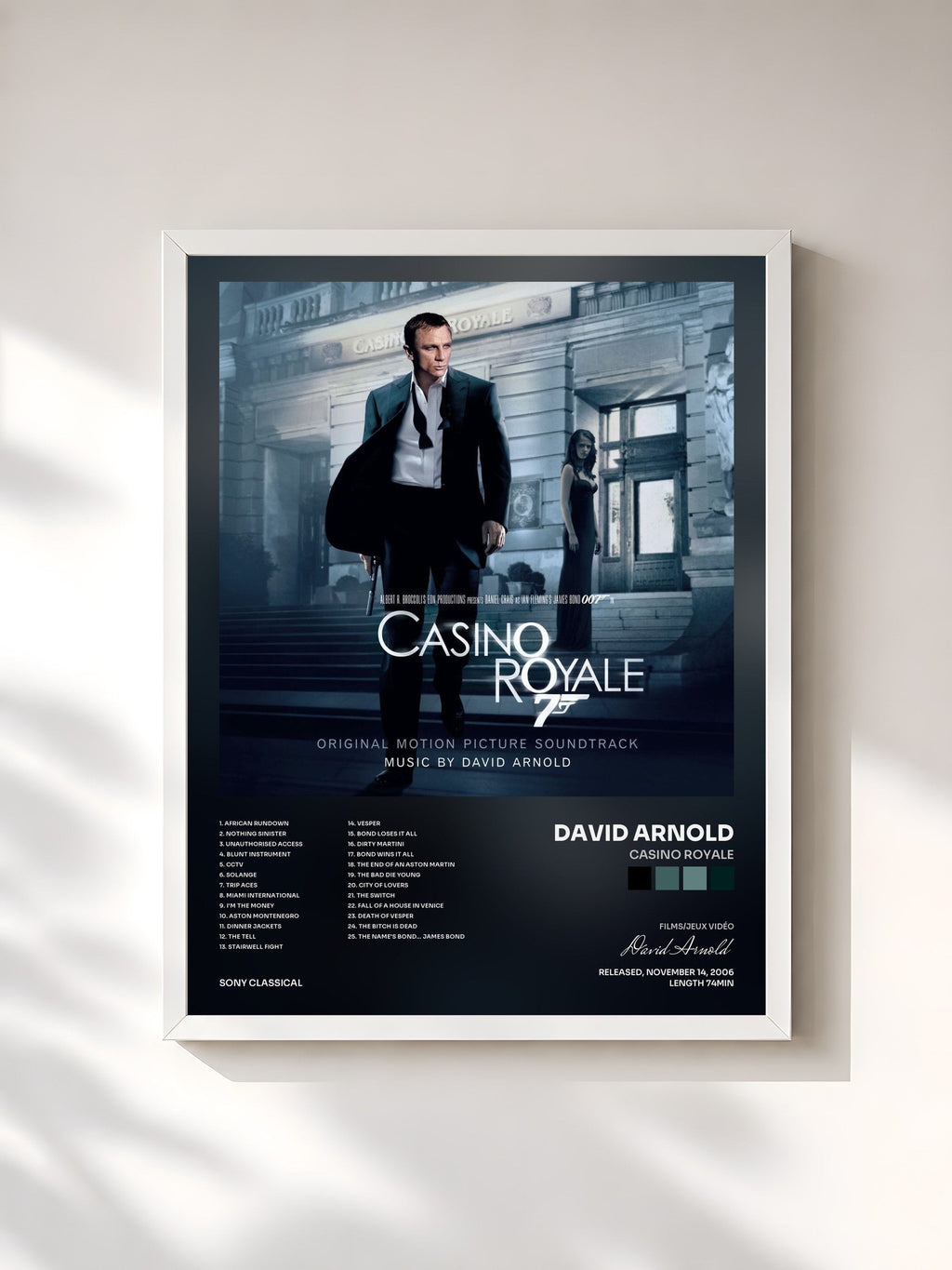 #blanc Tableau de l'album Casino Royale de David Arnold, cadre blanc, imprimé et encadré en France
