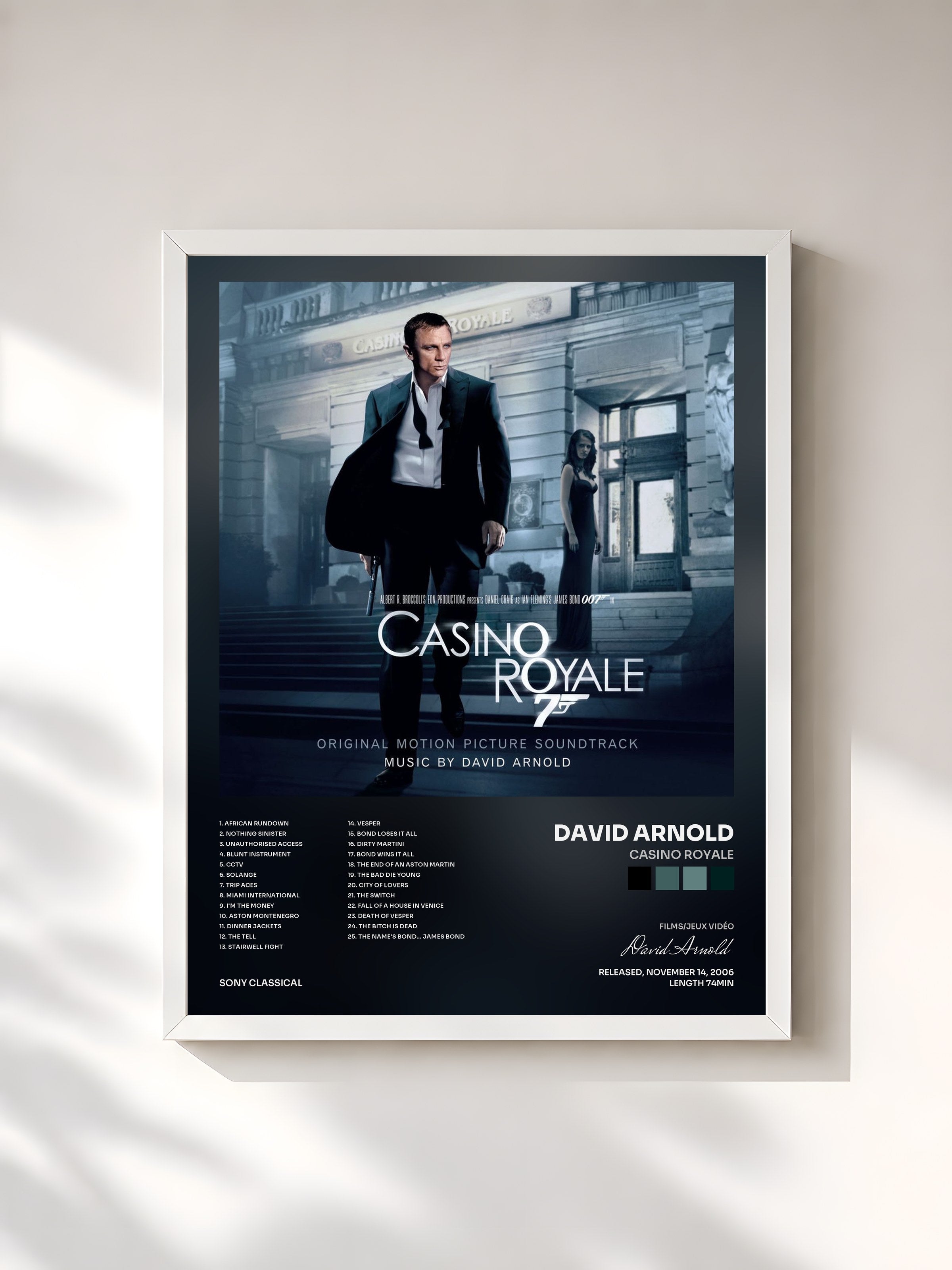 #blanc Tableau de l'album Casino Royale de David Arnold, cadre blanc, imprimé et encadré en France