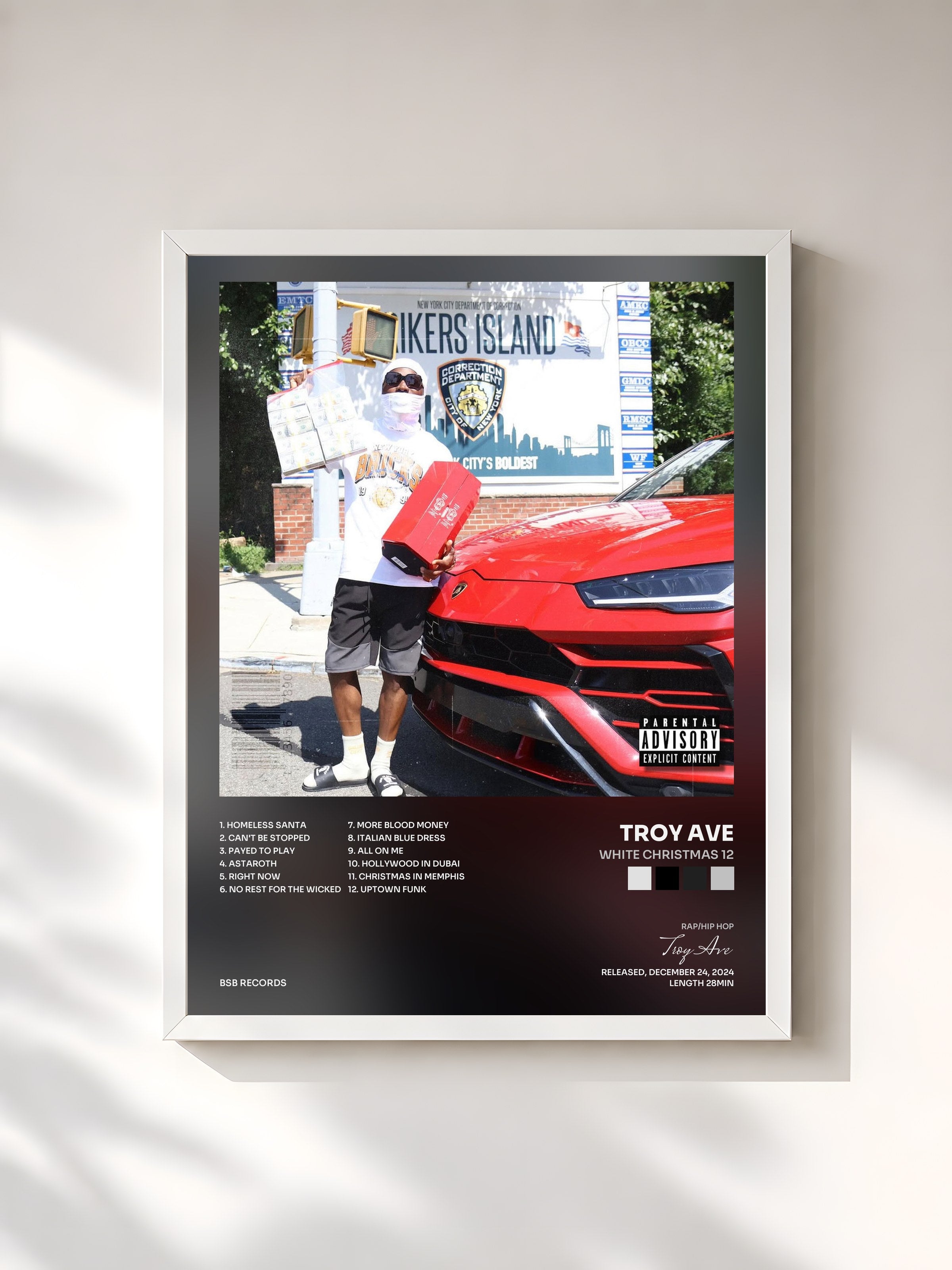 #blanc Tableau de l'album White Christmas 12 de Troy Ave, cadre blanc, imprimé et encadré en France