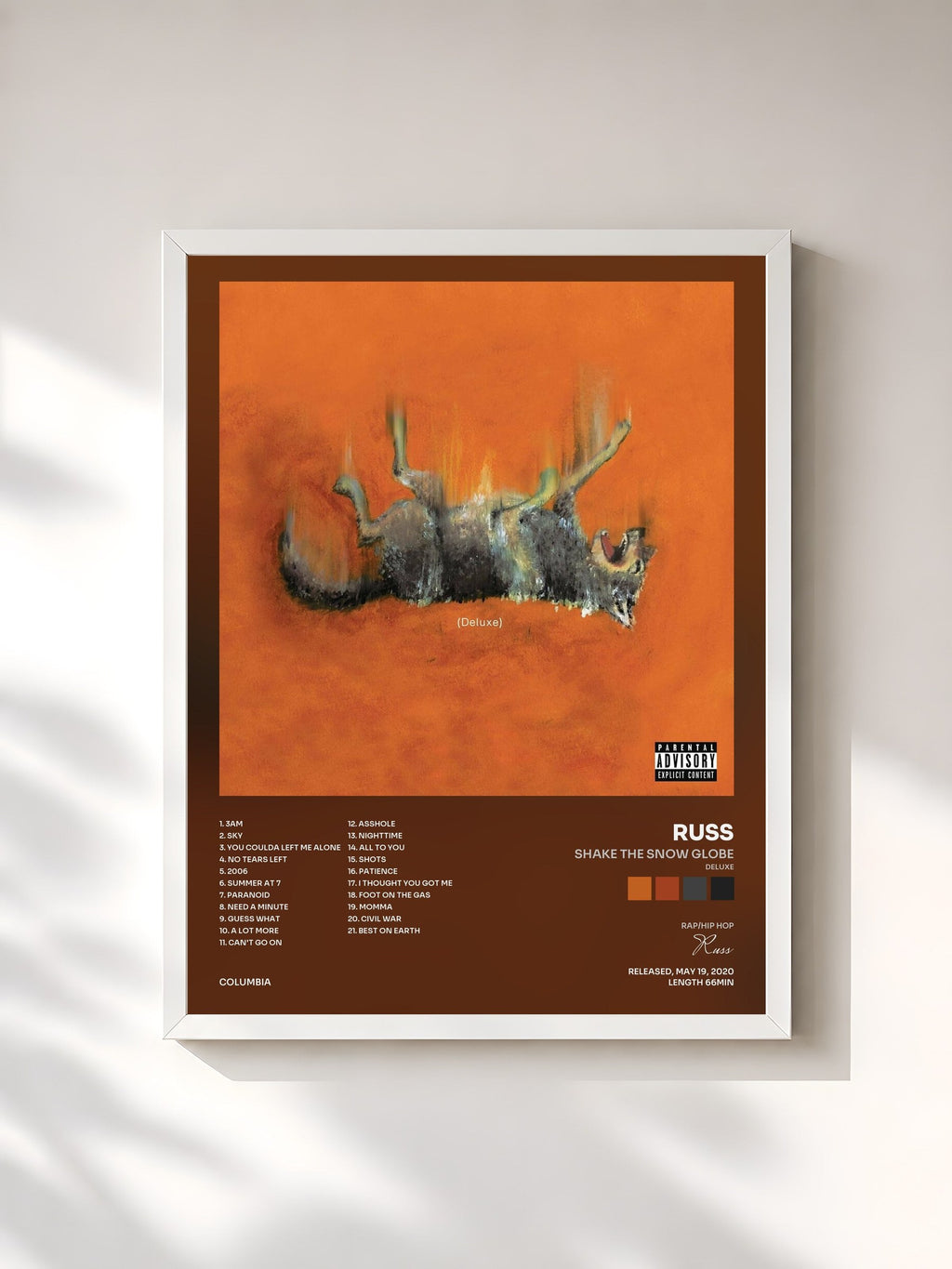 #blanc Tableau de l'album SHAKE THE SNOW GLOBE (DELUXE) de Russ, cadre blanc, imprimé et encadré en France