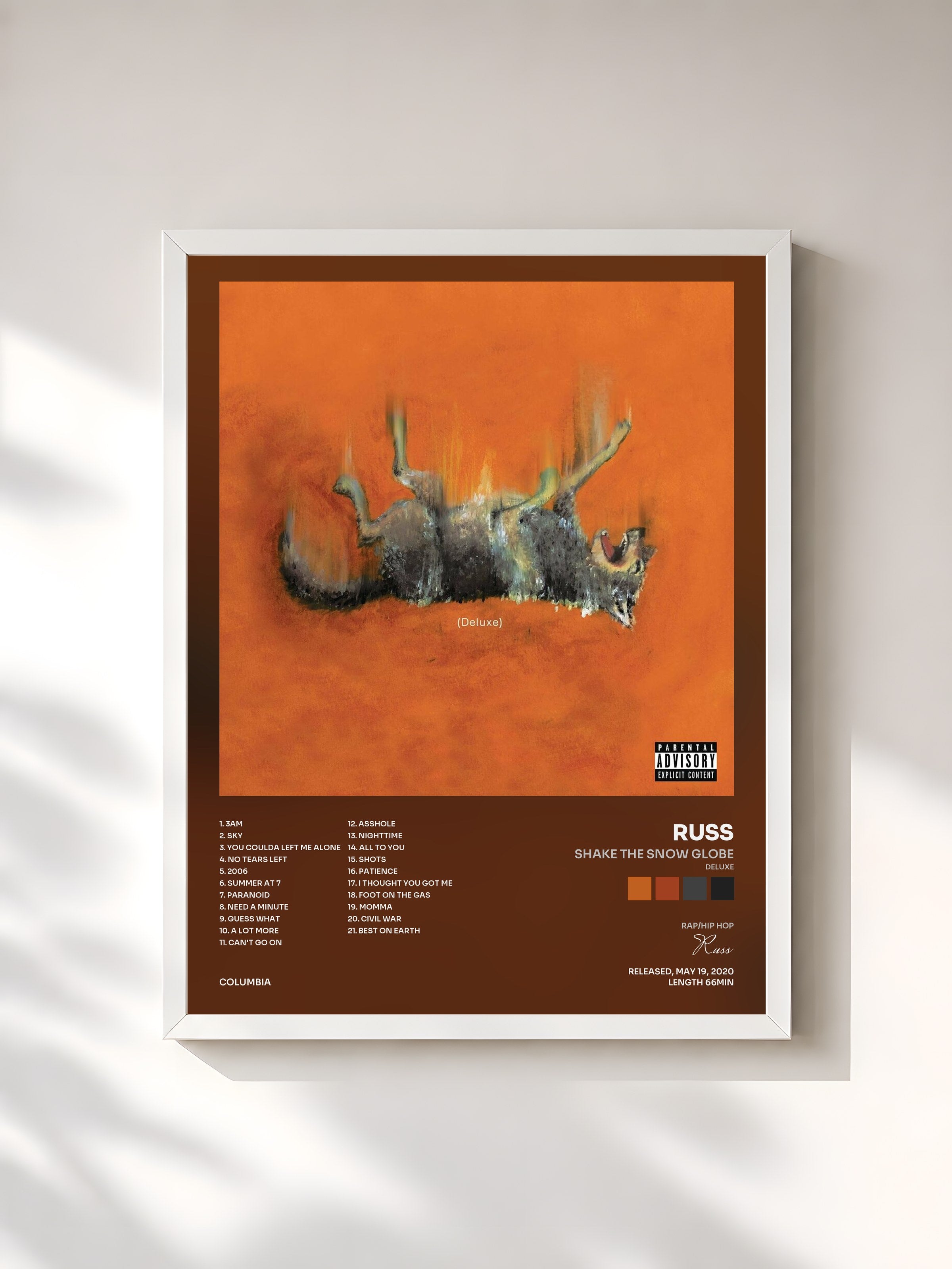 #blanc Tableau de l'album SHAKE THE SNOW GLOBE (DELUXE) de Russ, cadre blanc, imprimé et encadré en France