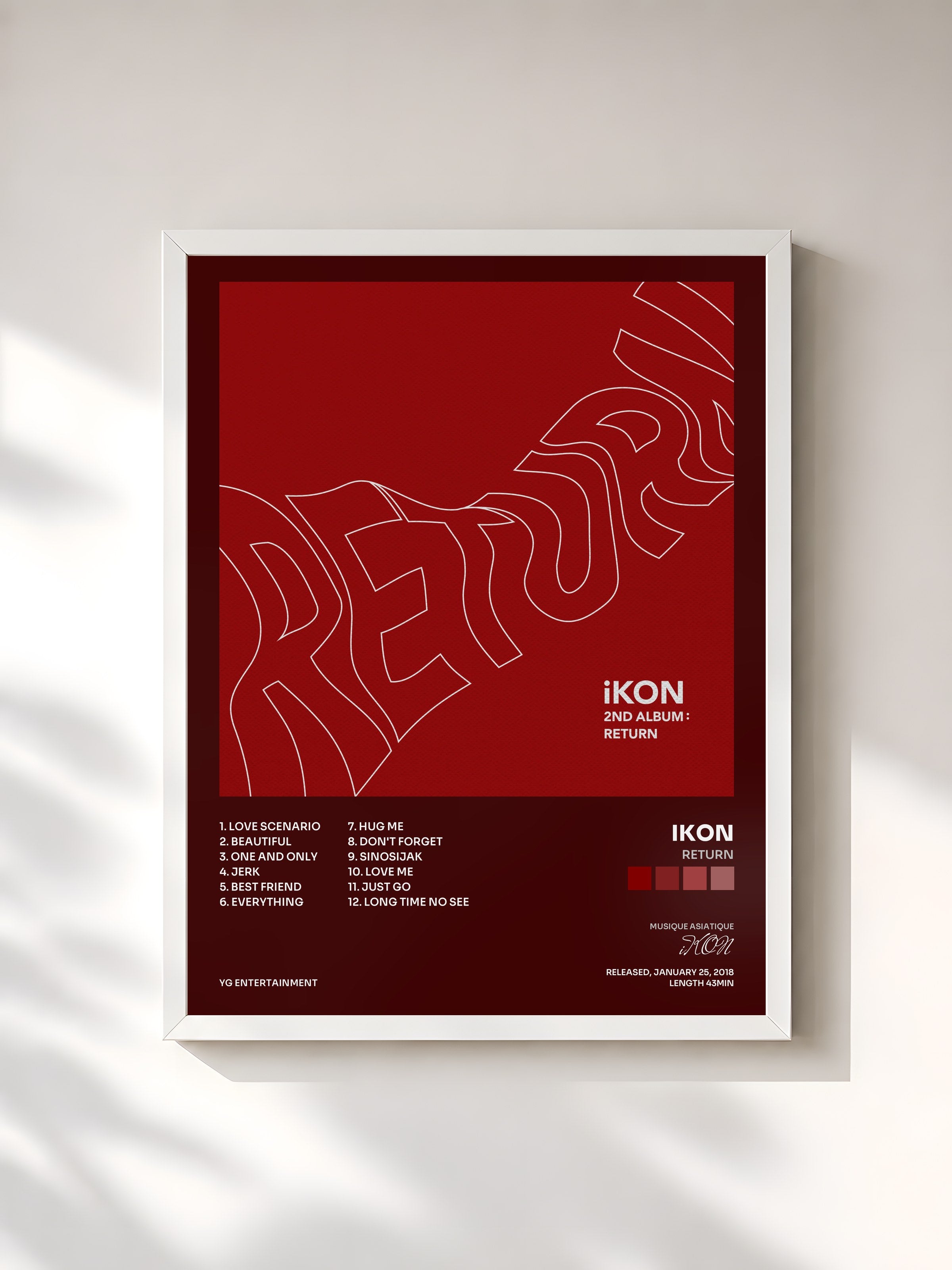 #blanc Tableau de l'album Return de iKON, cadre blanc, imprimé et encadré en France
