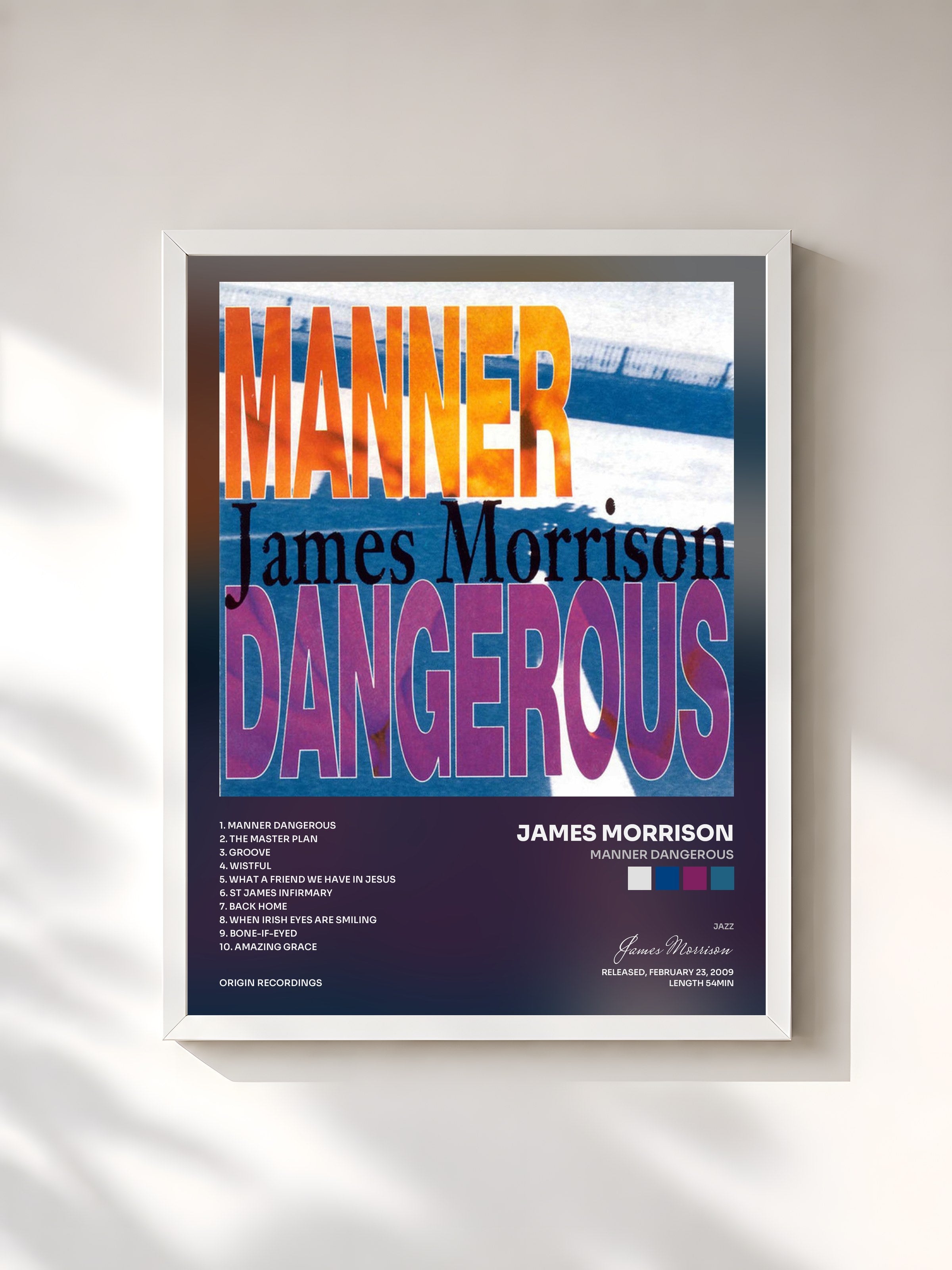 #blanc Tableau de l'album Manner Dangerous de James Morrison, cadre blanc, imprimé et encadré en France