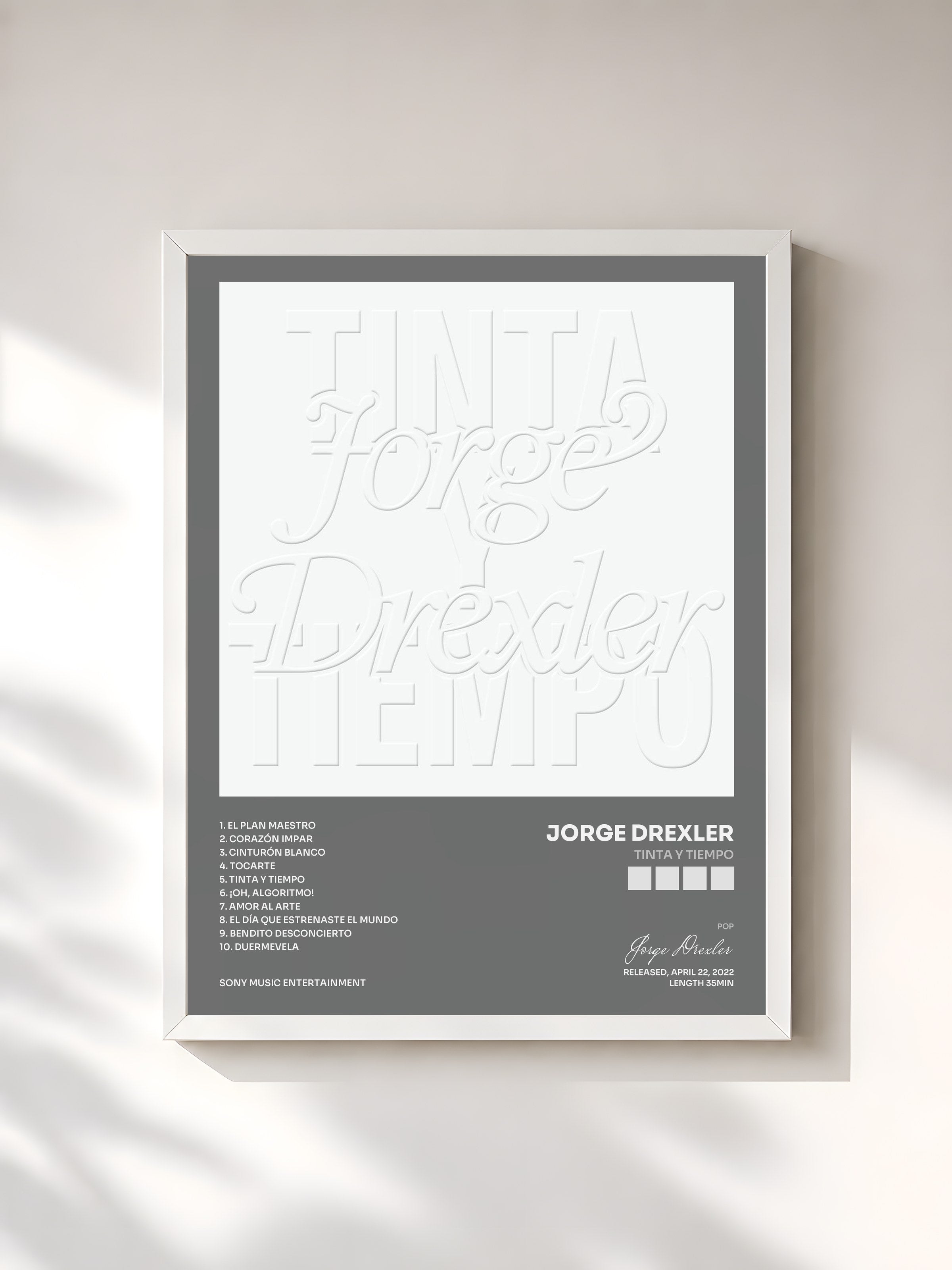 #blanc Tableau de l'album Tinta y Tiempo de Jorge Drexler, cadre blanc, imprimé et encadré en France