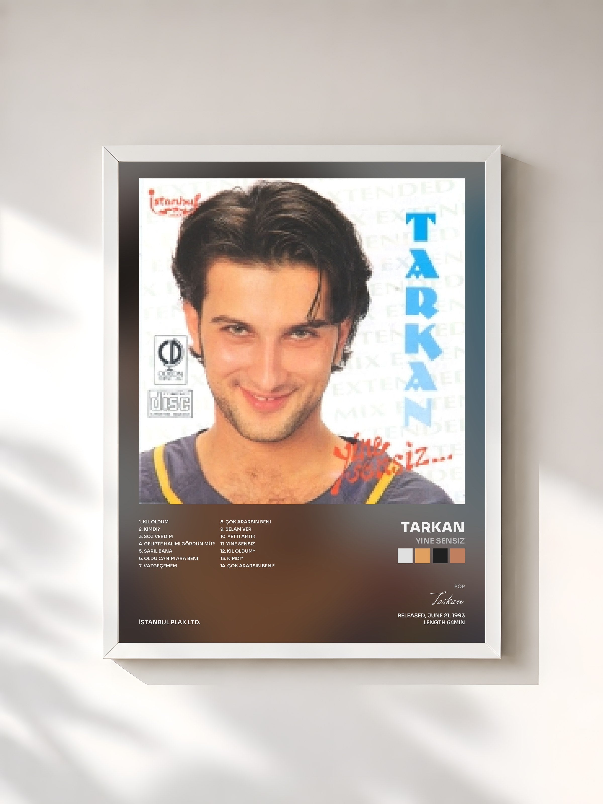 #blanc Tableau de l'album Yine Sensiz de Tarkan, cadre blanc, imprimé et encadré en France