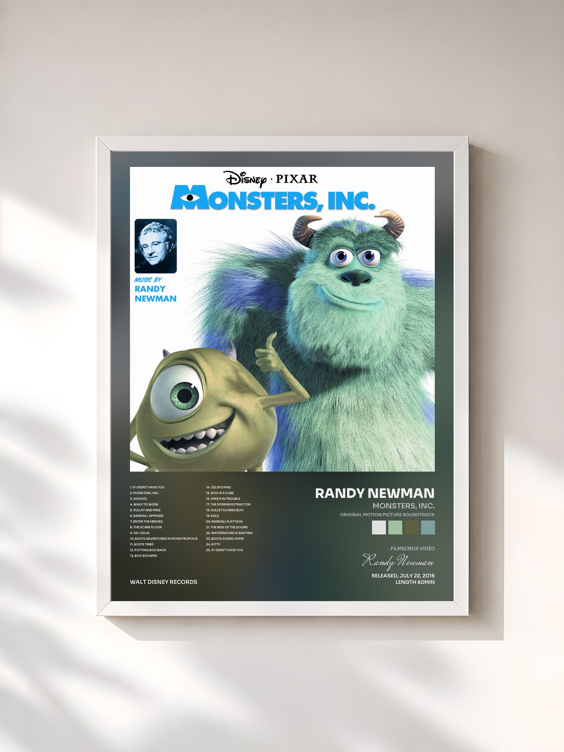 #blanc Tableau de l'album Monsters, Inc. (Original Motion Picture Soundtrack) de Randy Newman, cadre blanc, imprimé et encadré en France
