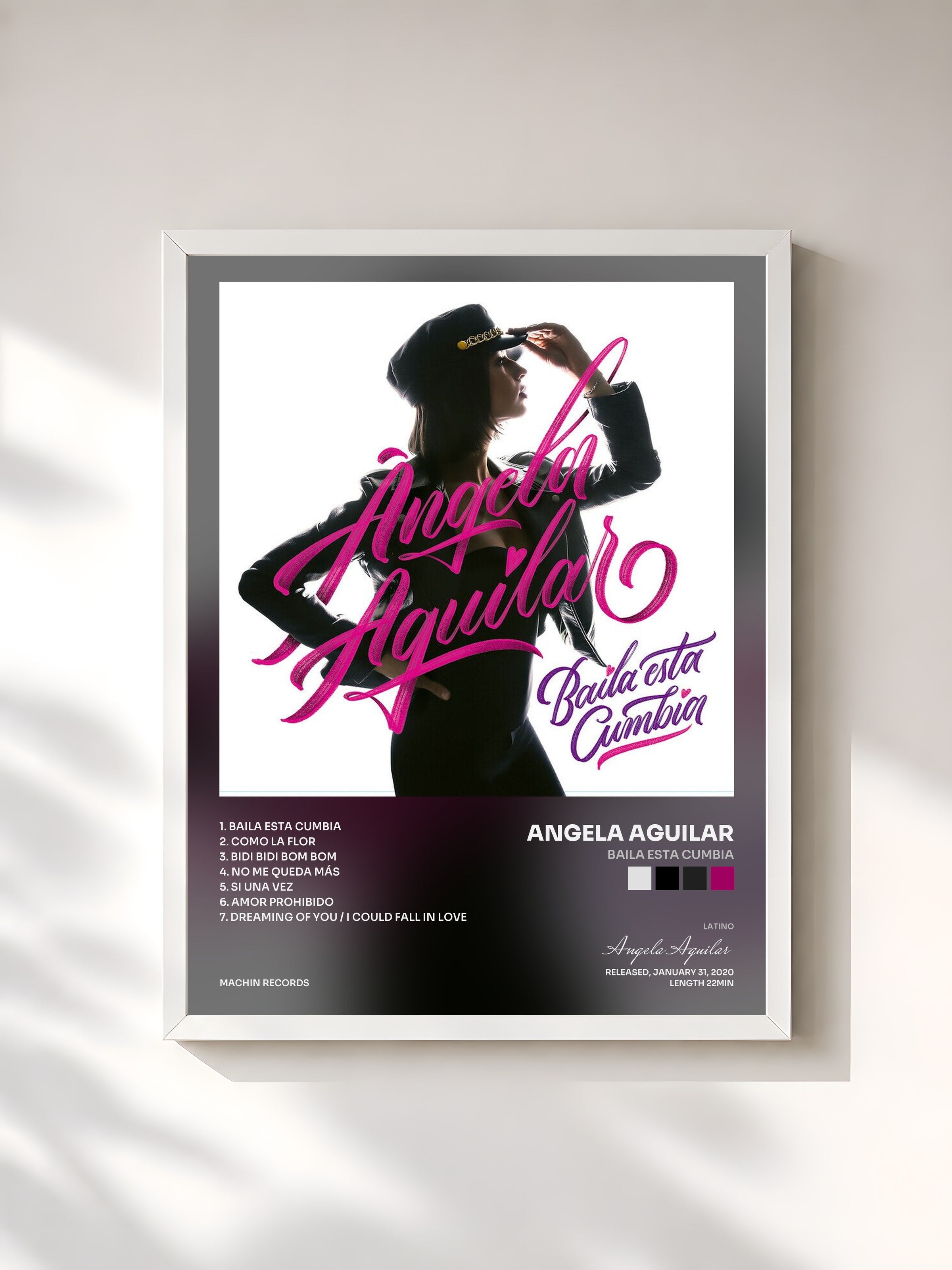 #blanc Tableau de l'album Baila Esta Cumbia de Angela Aguilar, cadre blanc, imprimé et encadré en France