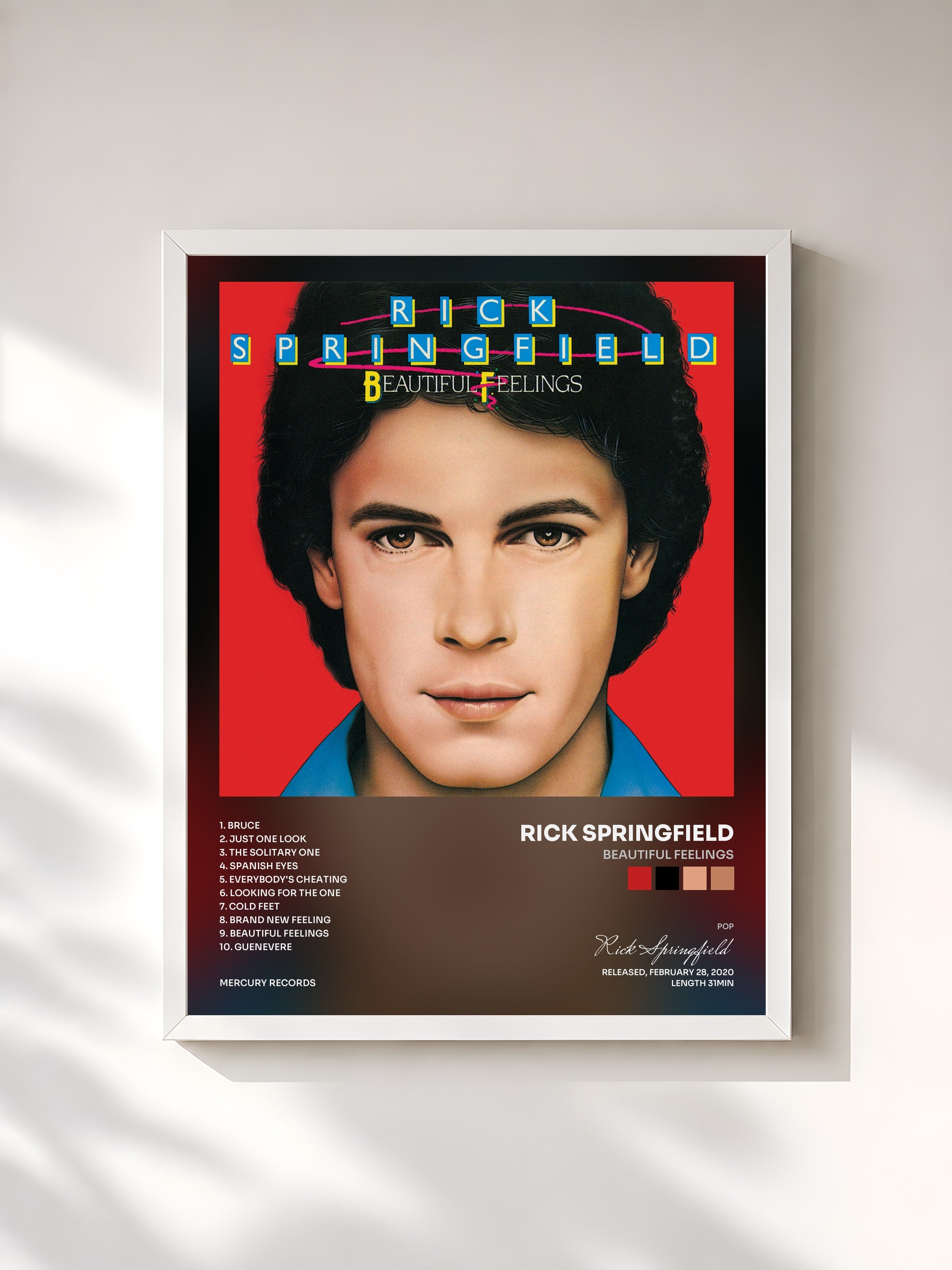 #blanc Tableau de l'album Beautiful Feelings de Rick Springfield, cadre blanc, imprimé et encadré en France