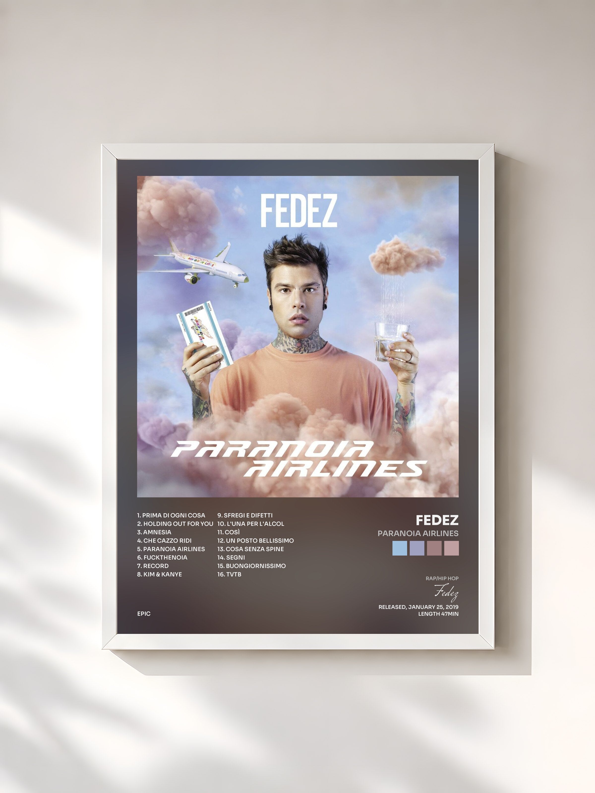 #blanc Tableau de l'album Paranoia Airlines de Fedez, cadre blanc, imprimé et encadré en France