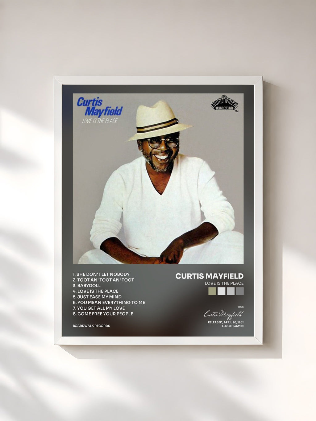 #blanc Love is the Place von Curtis Mayfield als gerahmter Kunstdruck, weißer Rahmen, gedruckt und gerahmt in Frankreich