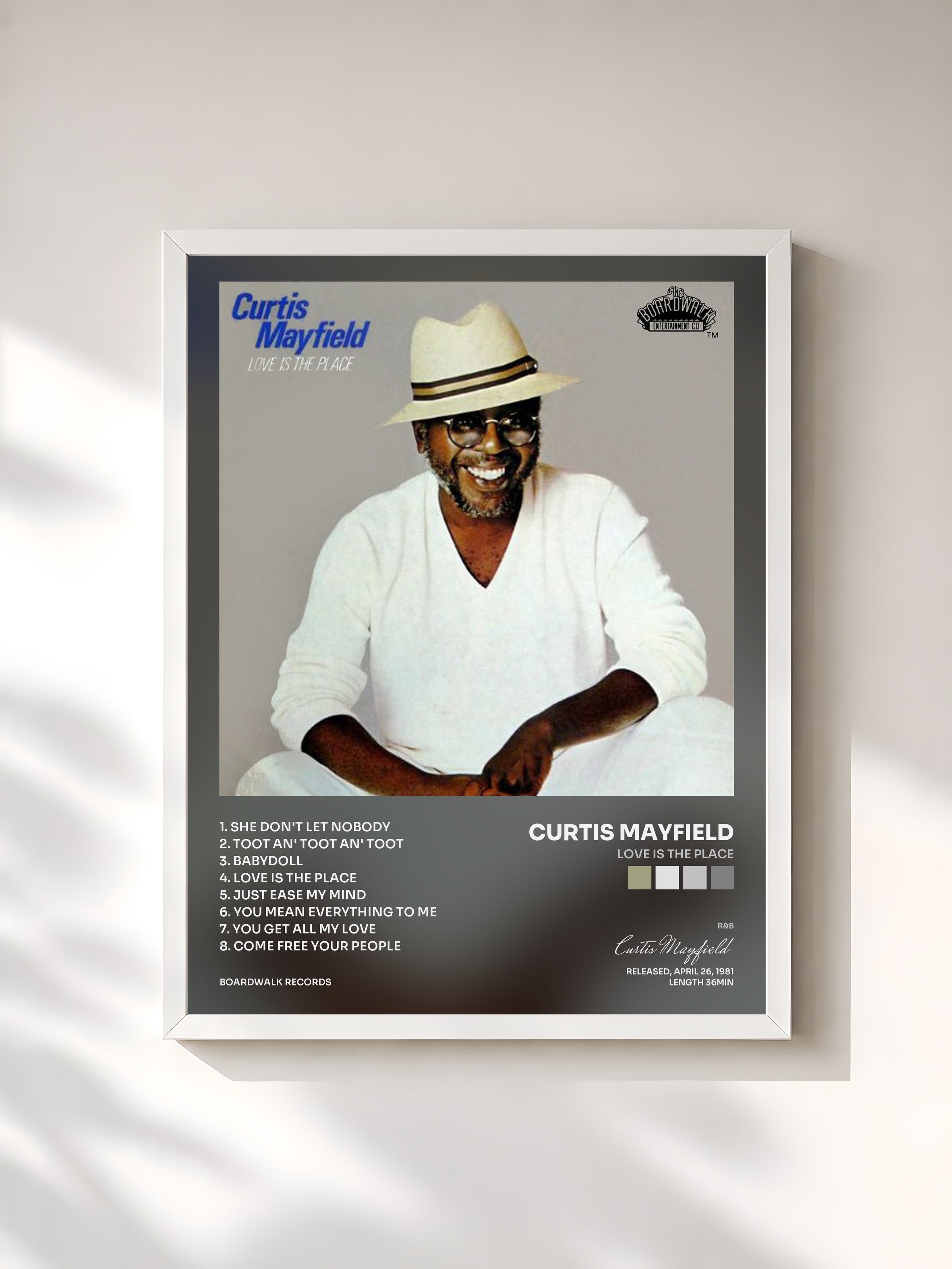 #blanc Tableau de l'album Love is the Place de Curtis Mayfield, cadre blanc, imprimé et encadré en France