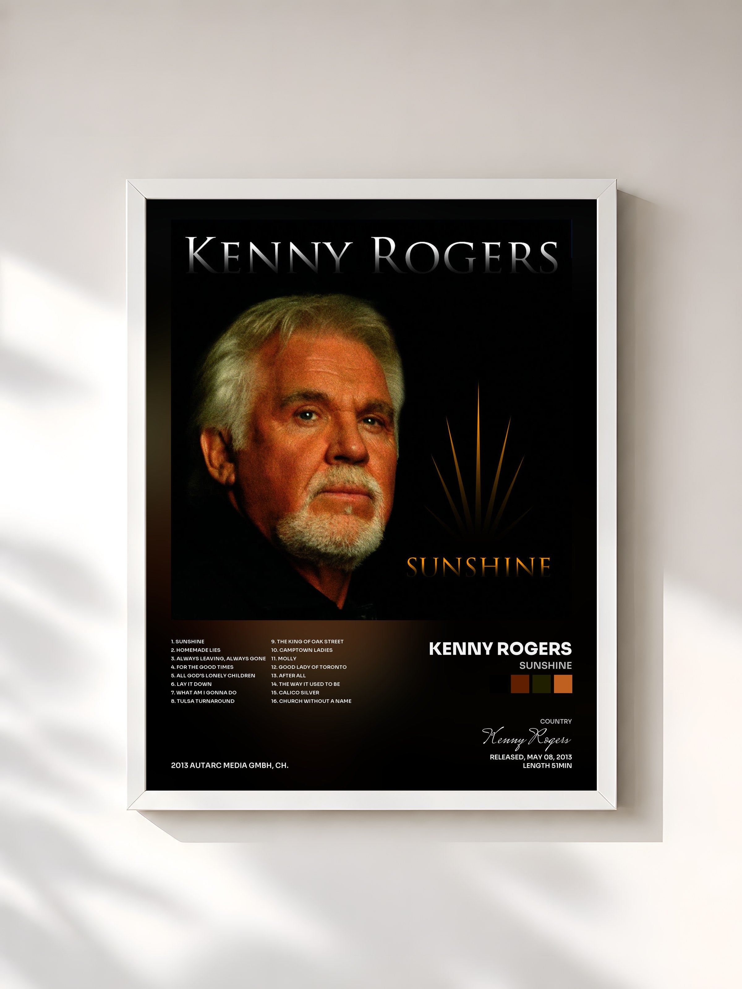 #blanc Tableau de l'album Sunshine de Kenny Rogers, cadre blanc, imprimé et encadré en France