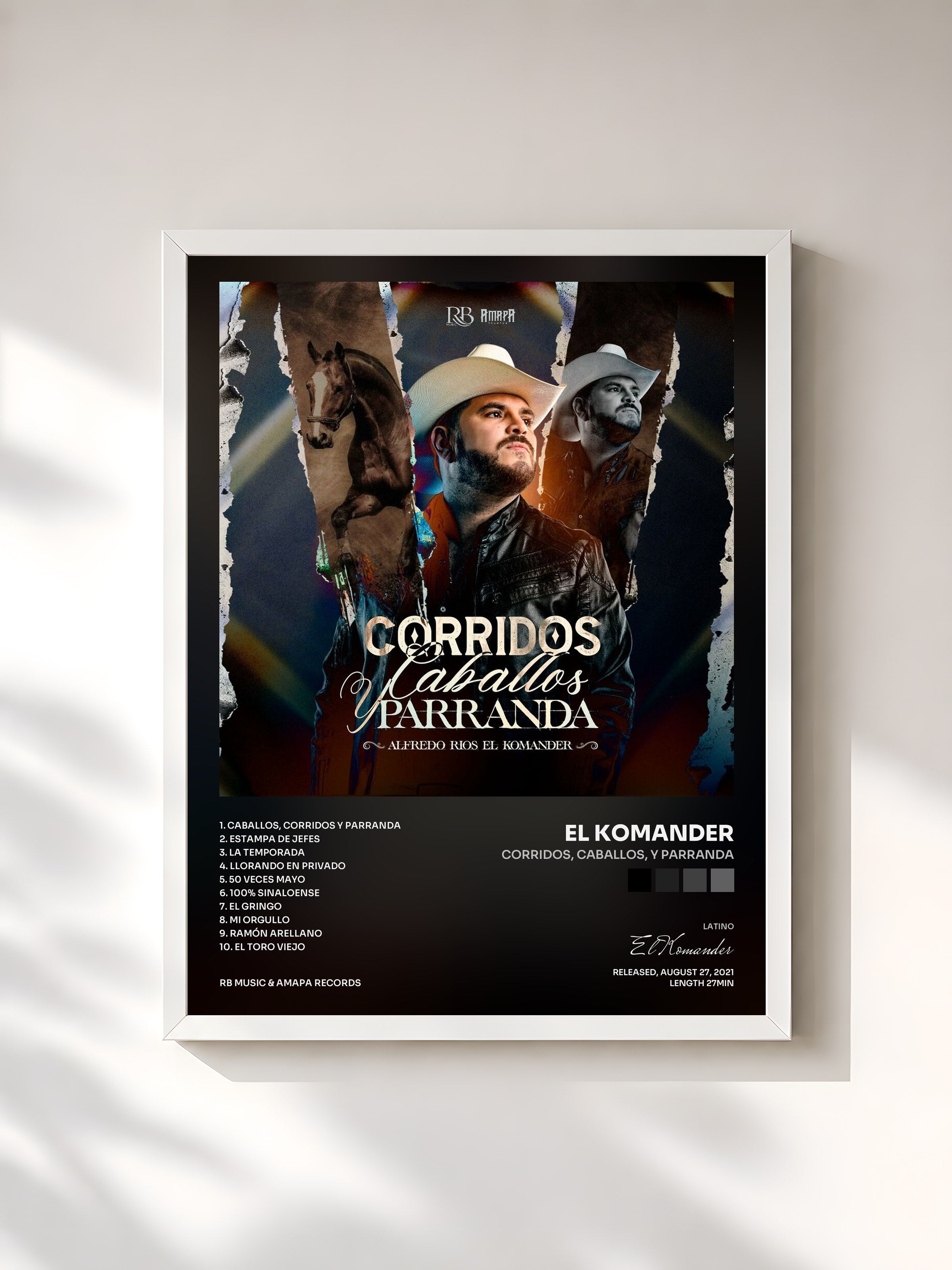 #blanc Tableau de l'album Corridos, Caballos, Y Parranda de El Komander, cadre blanc, imprimé et encadré en France