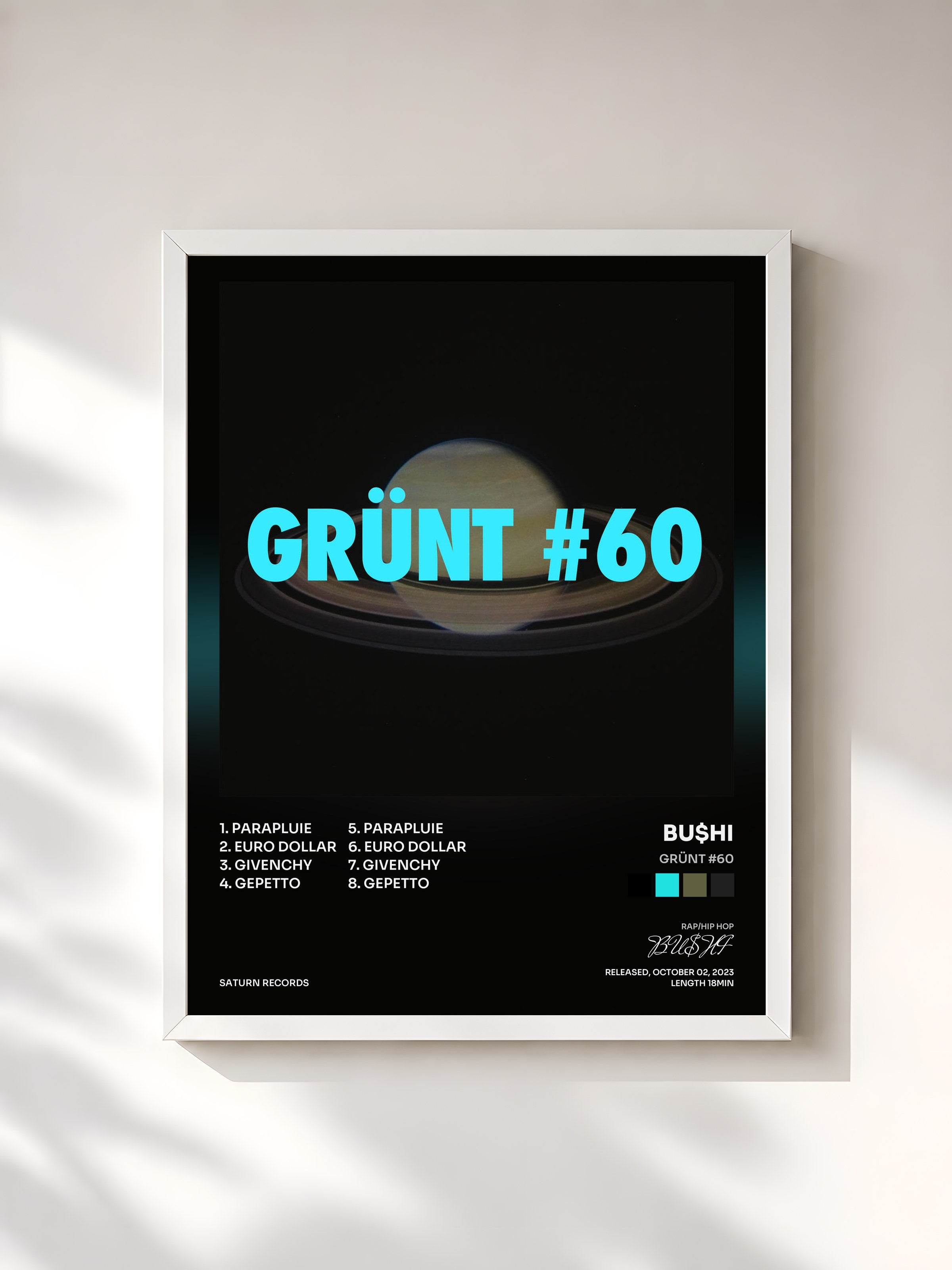 #blanc Tableau de l'album GRÜNT #60 de BU$HI, cadre blanc, imprimé et encadré en France