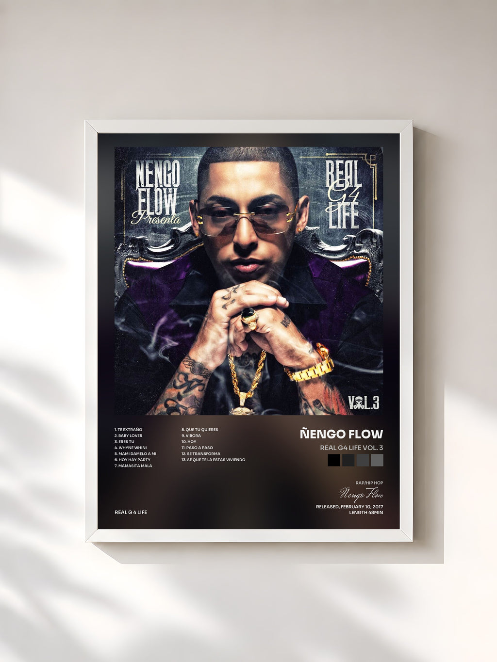 #blanc Tableau de l'album Real G4 Life Vol. 3 de Ñengo Flow, cadre blanc, imprimé et encadré en France