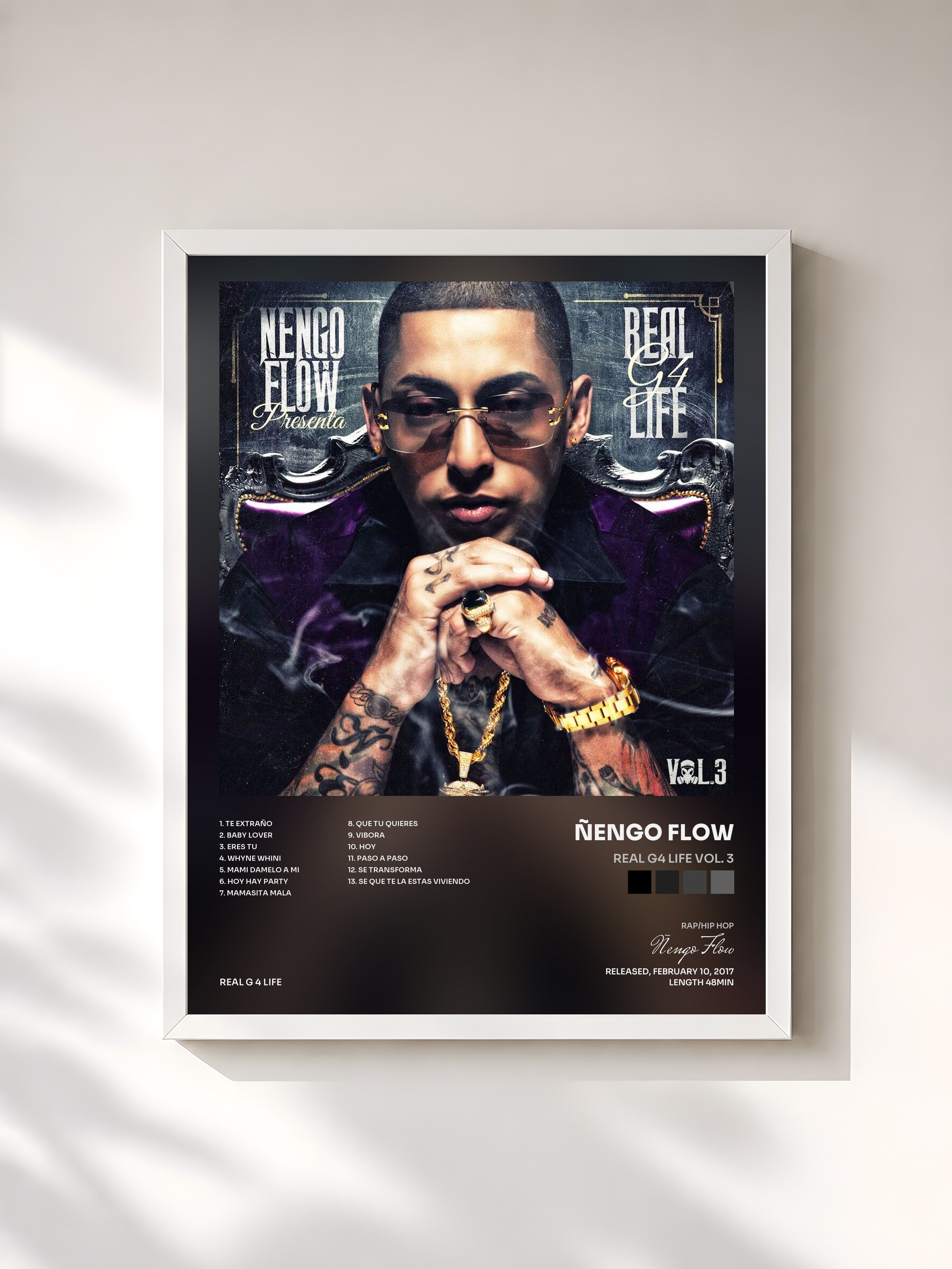 #blanc Tableau de l'album Real G4 Life Vol. 3 de Ñengo Flow, cadre blanc, imprimé et encadré en France