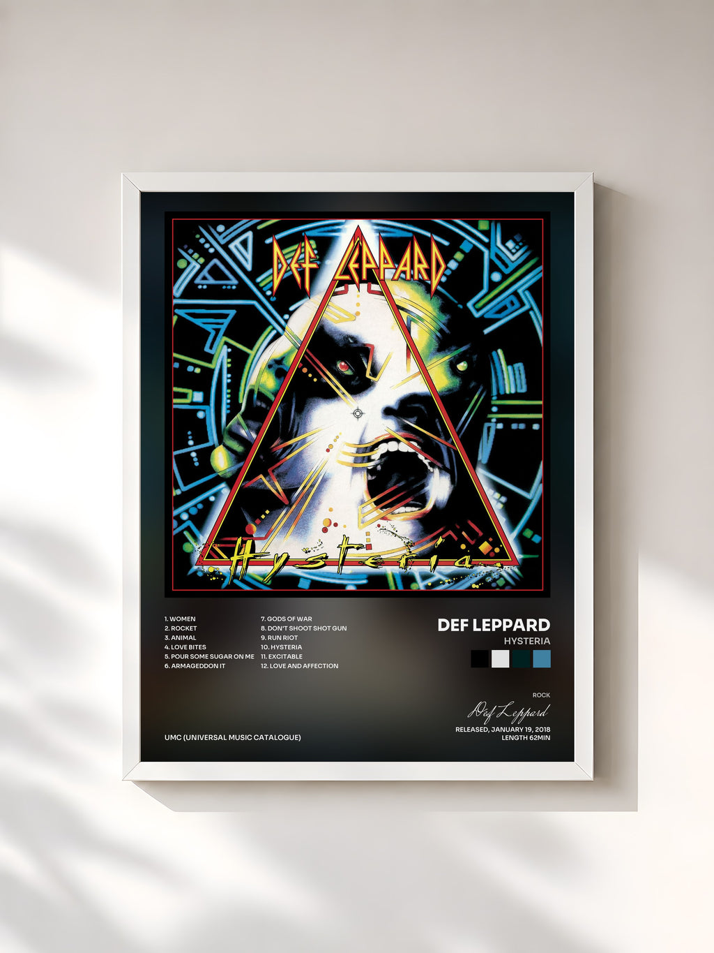 #blanc Tableau de l'album Hysteria de Def Leppard, cadre blanc, imprimé et encadré en France