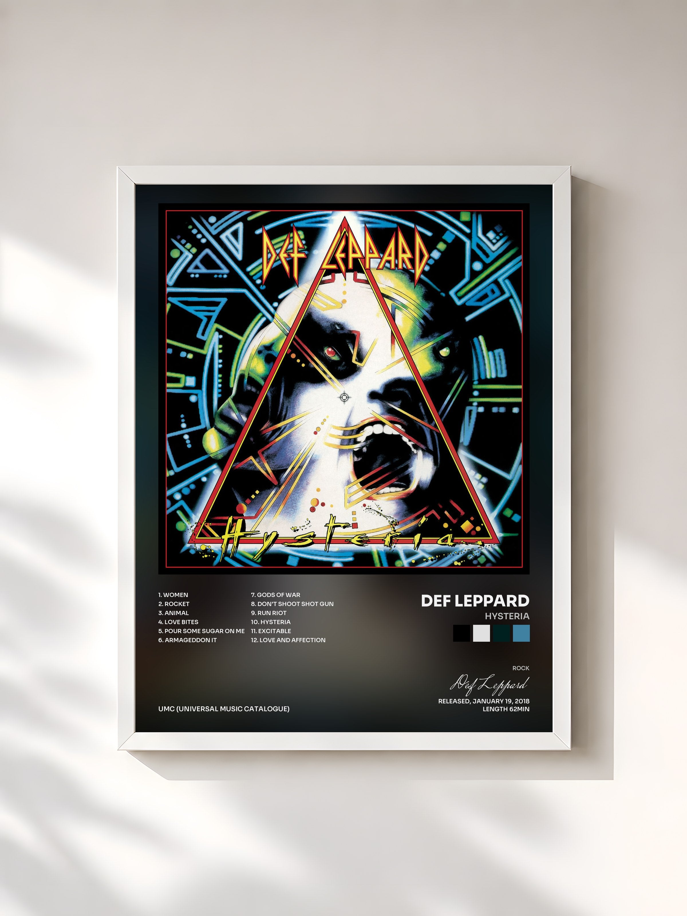 #blanc Tableau de l'album Hysteria de Def Leppard, cadre blanc, imprimé et encadré en France
