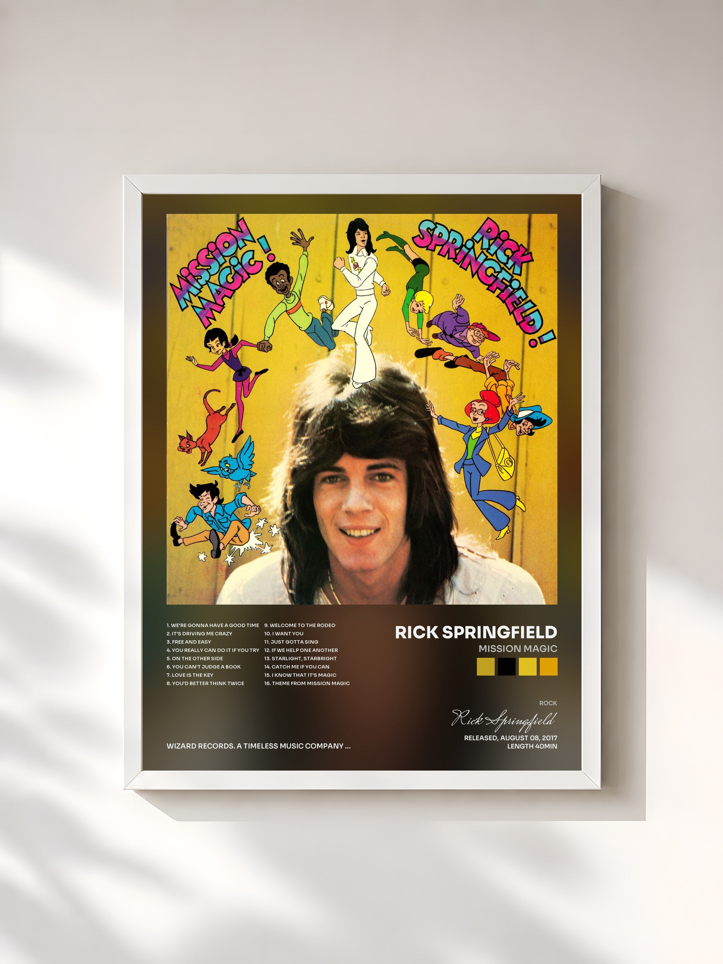 #blanc Tableau de l'album Mission Magic de Rick Springfield, cadre blanc, imprimé et encadré en France