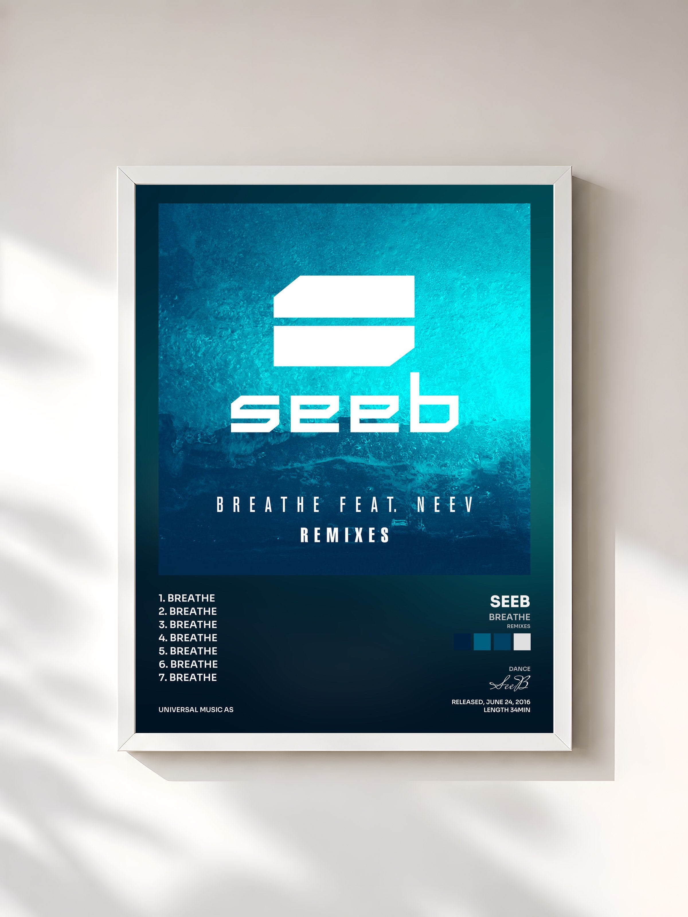 #blanc Tableau de l'album Breathe (Remixes) de SeeB, cadre blanc, imprimé et encadré en France