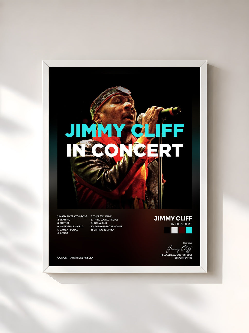 #blanc Tableau de l'album In Concert de Jimmy Cliff, cadre blanc, imprimé et encadré en France