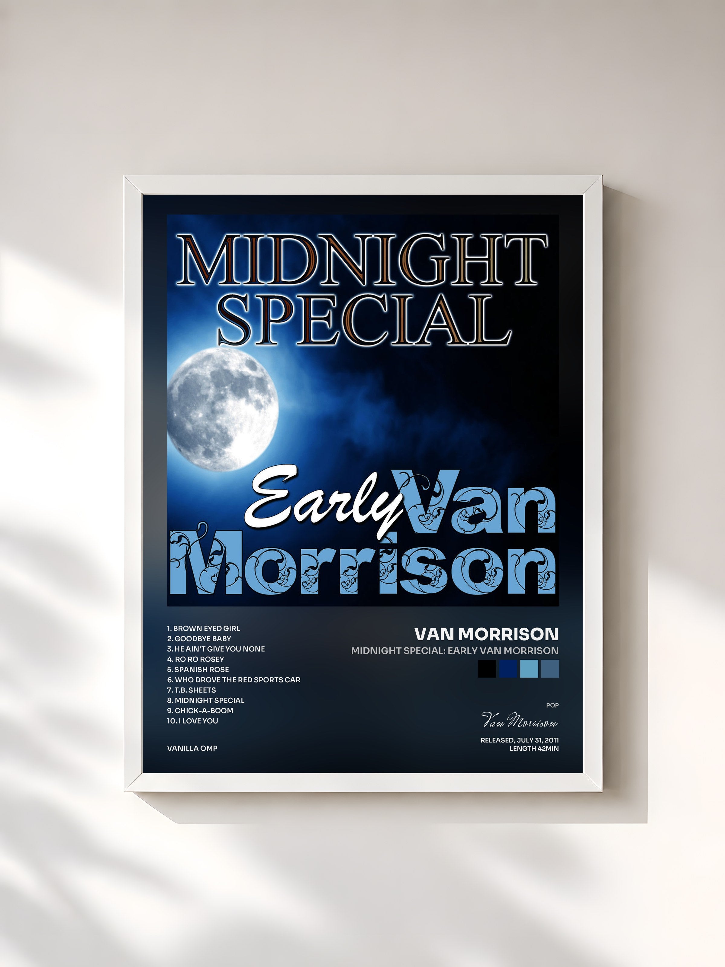 #blanc Tableau de l'album Midnight Special: Early Van Morrison de Van Morrison, cadre blanc, imprimé et encadré en France