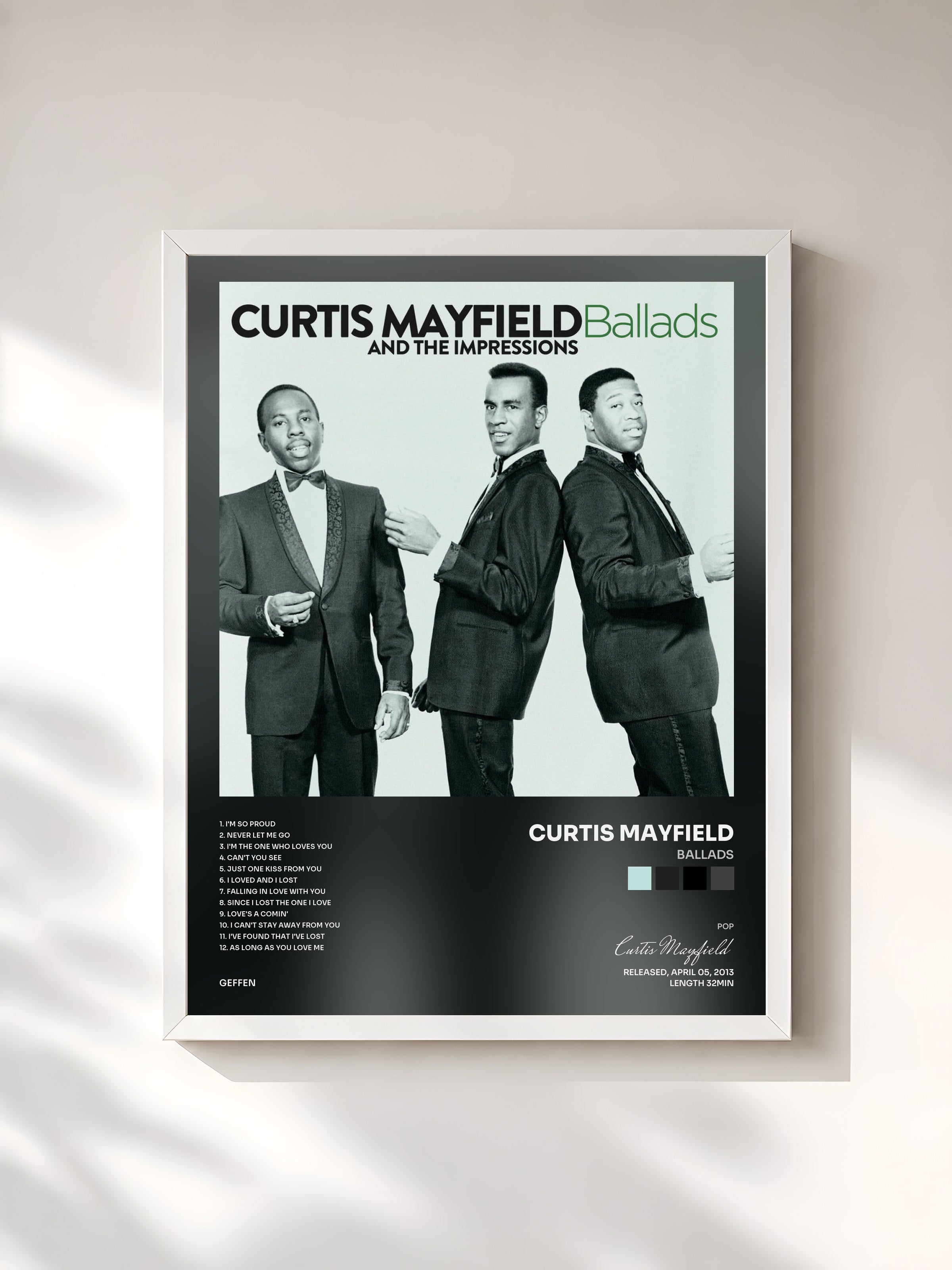 #blanc Tableau de l'album Ballads de Curtis Mayfield, cadre blanc, imprimé et encadré en France