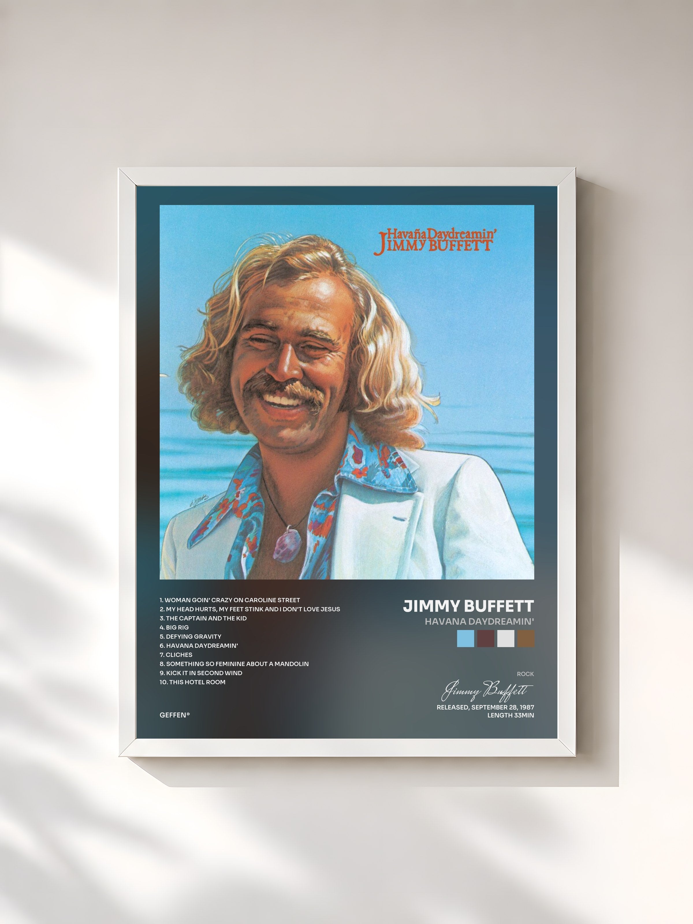 #blanc Tableau de l'album Havana Daydreamin' de Jimmy Buffett, cadre blanc, imprimé et encadré en France
