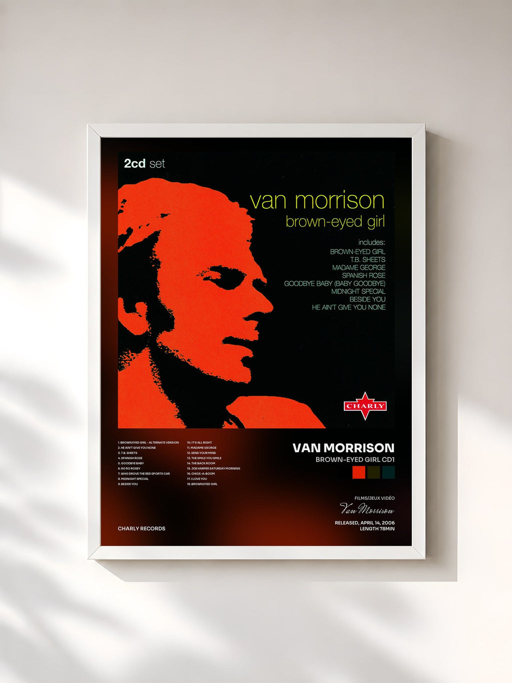 #blanc Brown-Eyed Girl CD1 de Van Morrison en lámina enmarcada, marco blanco, impresa y enmarcada en Francia