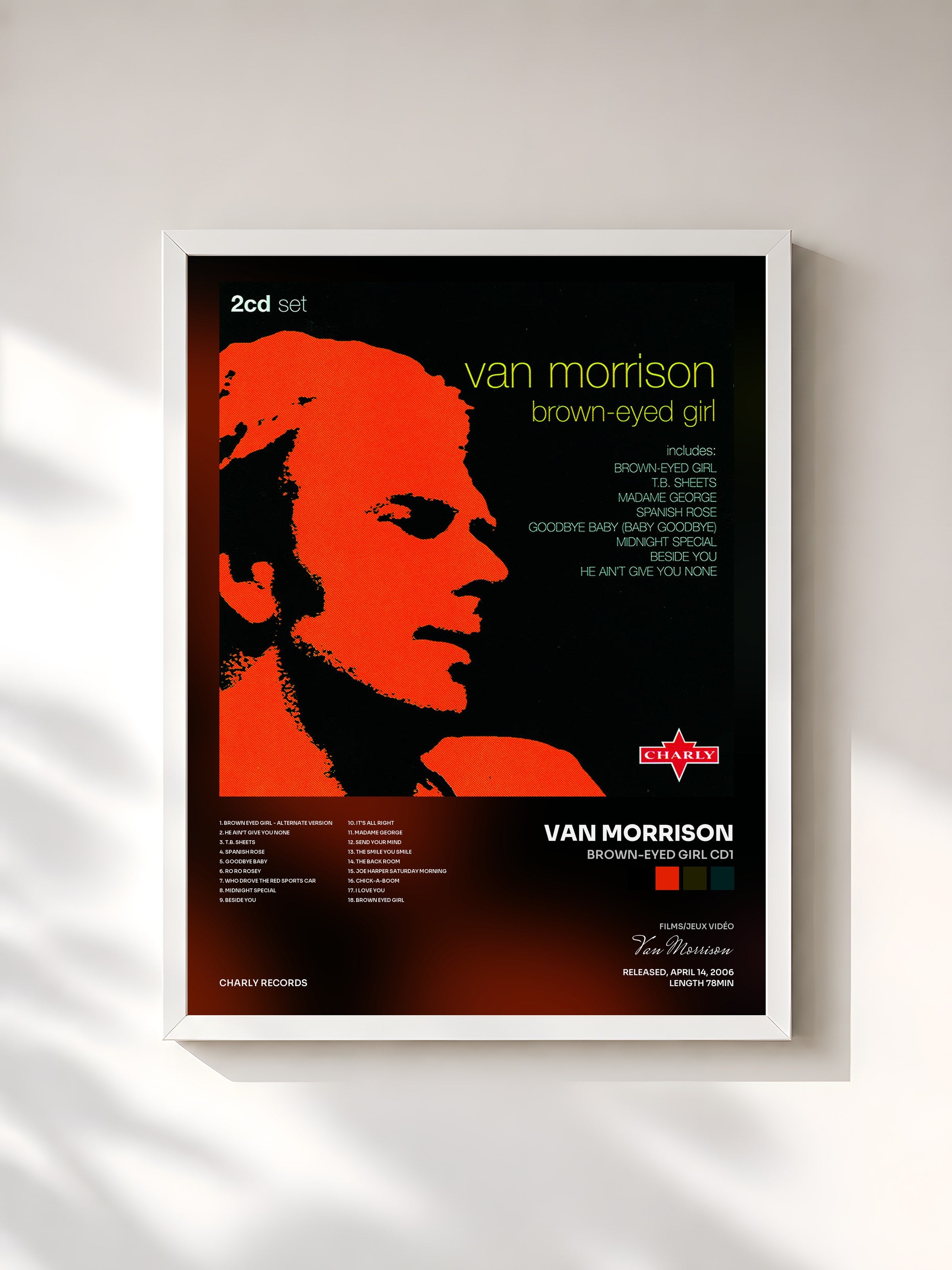 #blanc Tableau de l'album Brown-Eyed Girl CD1 de Van Morrison, cadre blanc, imprimé et encadré en France