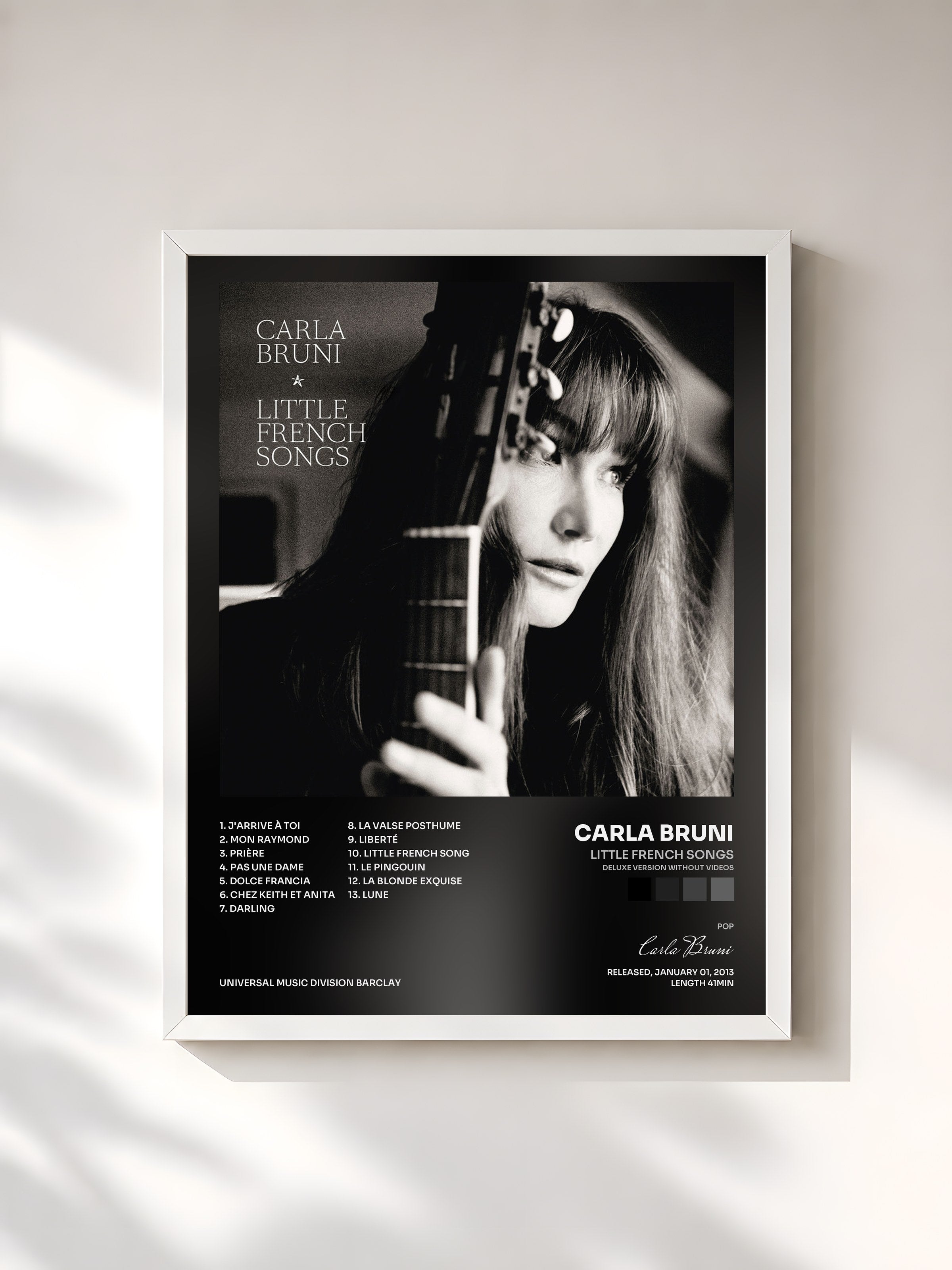 #blanc Tableau de l'album Little French Songs (Deluxe Version Without Videos) de Carla Bruni, cadre blanc, imprimé et encadré en France
