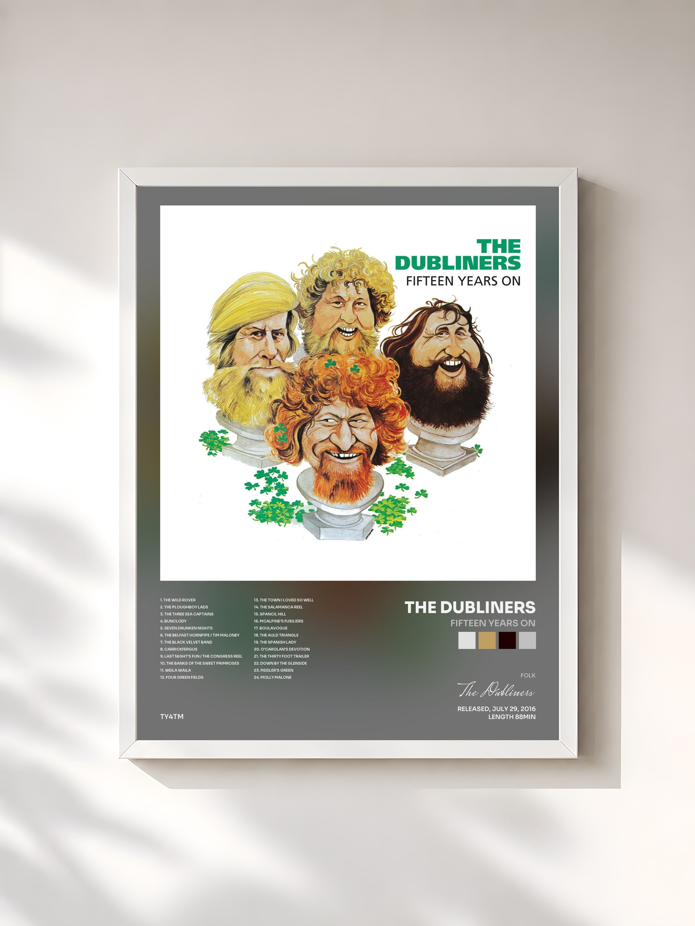 #blanc Tableau de l'album Fifteen Years On de The Dubliners, cadre blanc, imprimé et encadré en France