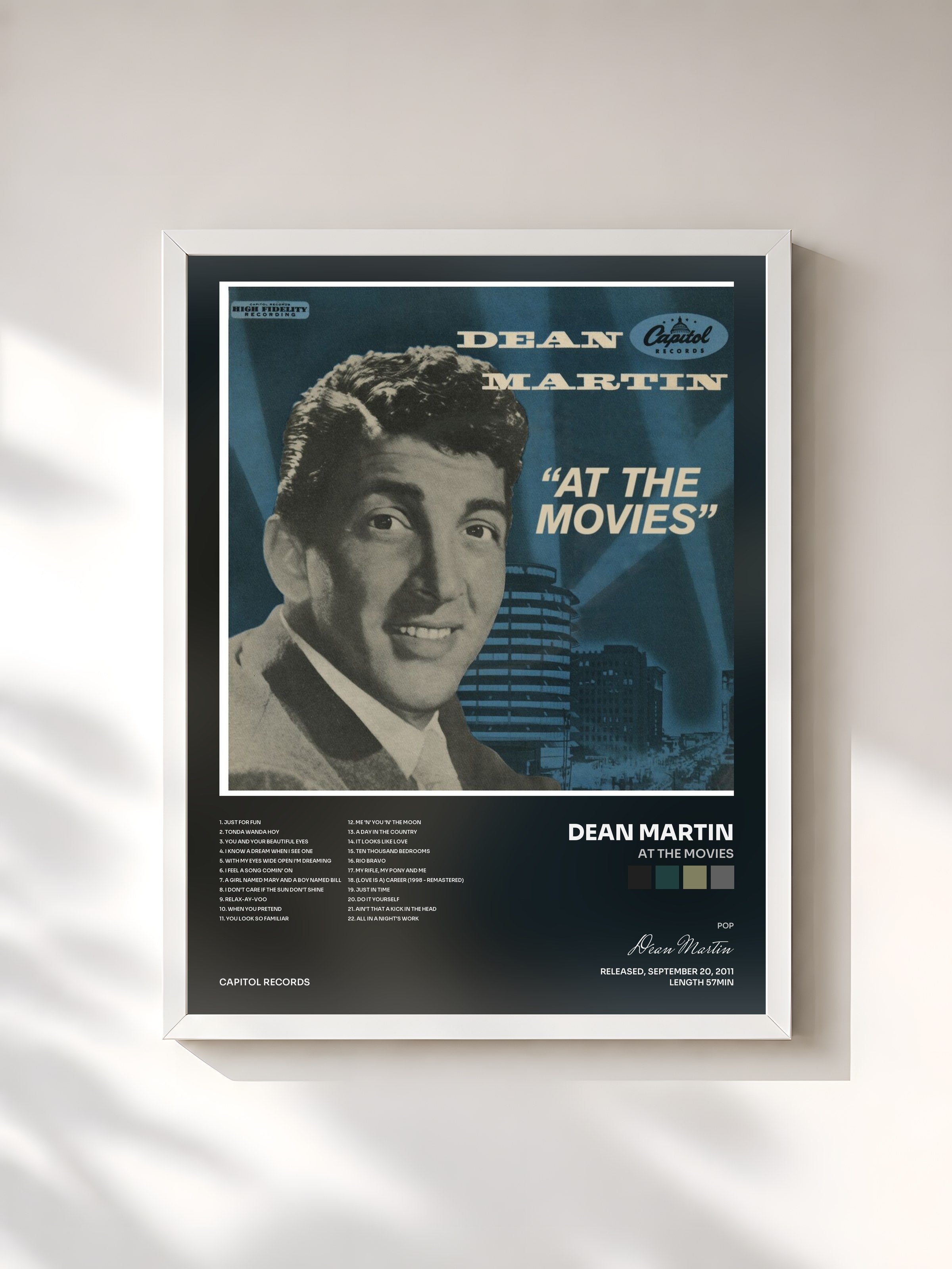 #blanc Tableau de l'album At The Movies de Dean Martin, cadre blanc, imprimé et encadré en France