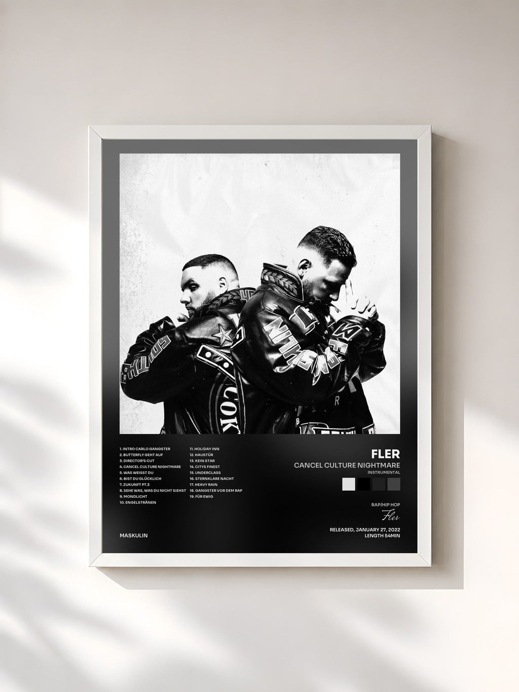 #blanc Tableau de l'album CANCEL CULTURE NIGHTMARE (INSTRUMENTAL) de Fler, cadre blanc, imprimé et encadré en France