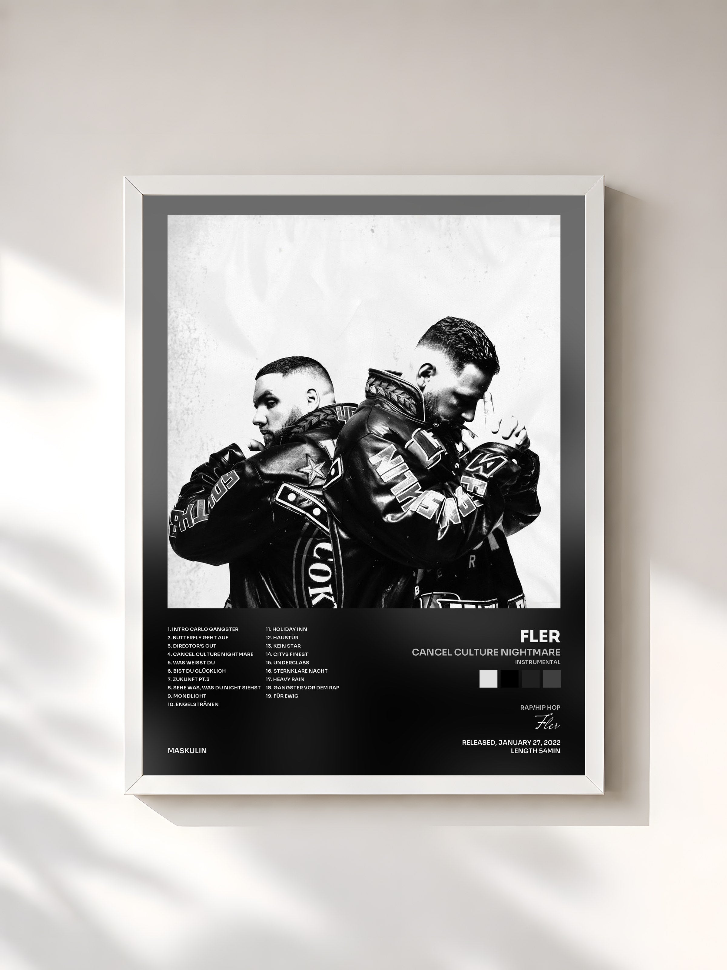 #blanc Tableau de l'album CANCEL CULTURE NIGHTMARE (INSTRUMENTAL) de Fler, cadre blanc, imprimé et encadré en France