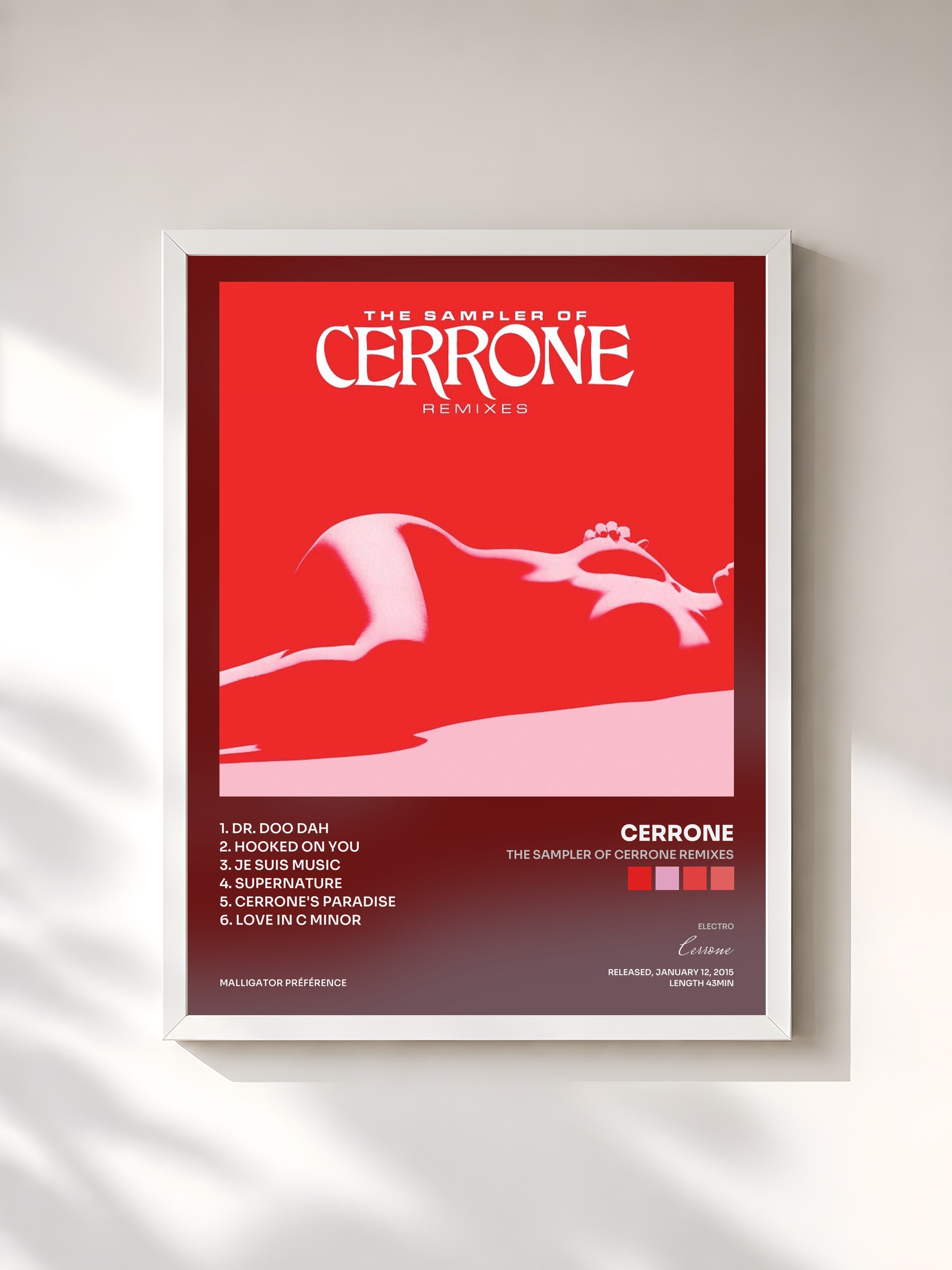 #blanc Tableau de l'album The Sampler of Cerrone Remixes de Cerrone, cadre blanc, imprimé et encadré en France